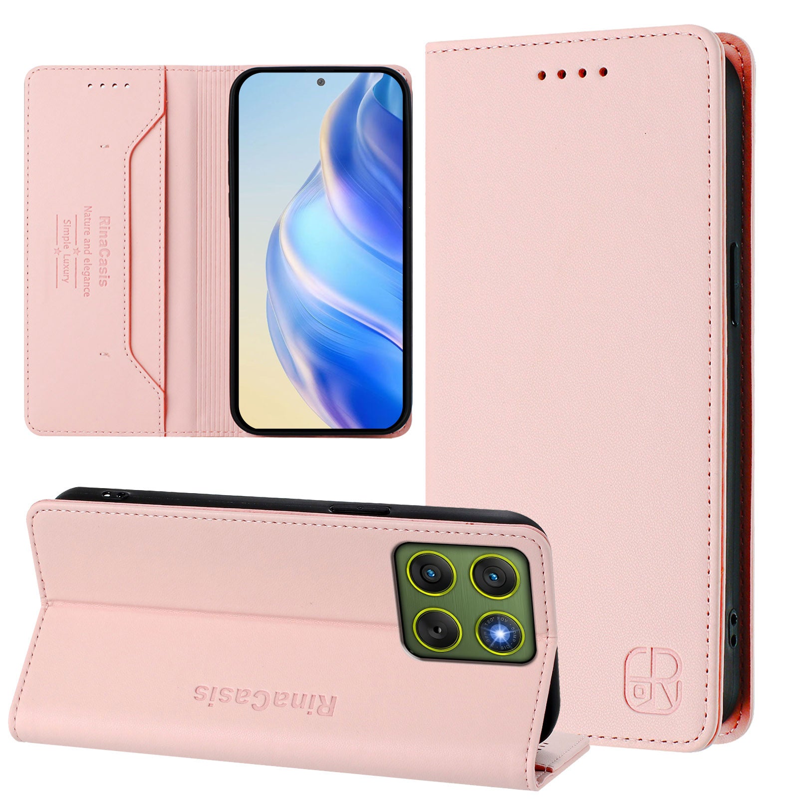 For Motorola Edge 70 5G Leather Case RINACASIS RC01 Phone Cover with RFID Blocking Wallet Stand - Pink