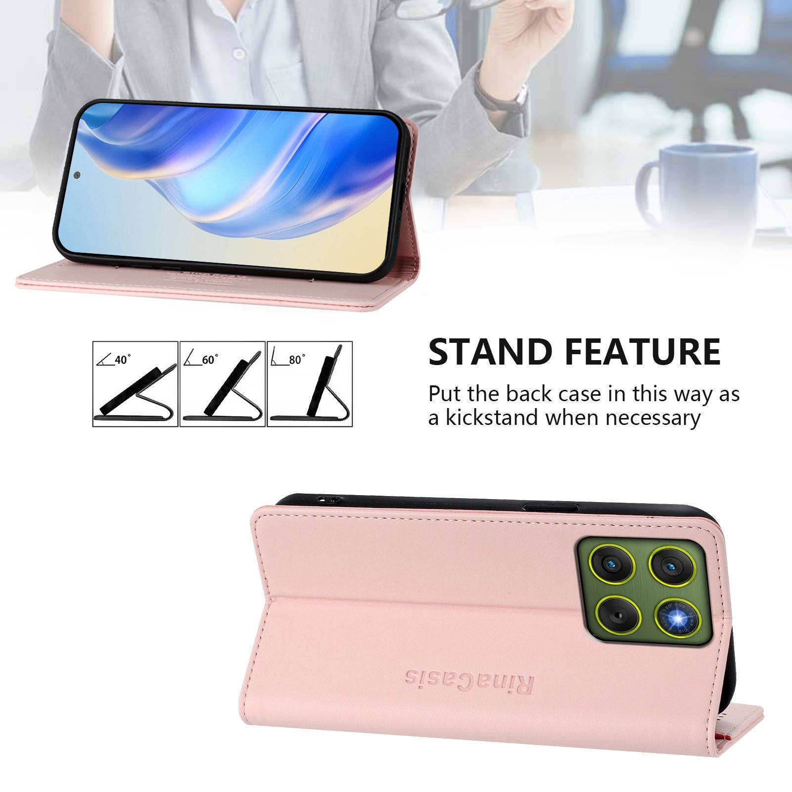 For Motorola Edge 70 5G Leather Case RINACASIS RC01 Phone Cover with RFID Blocking Wallet Stand - Pink