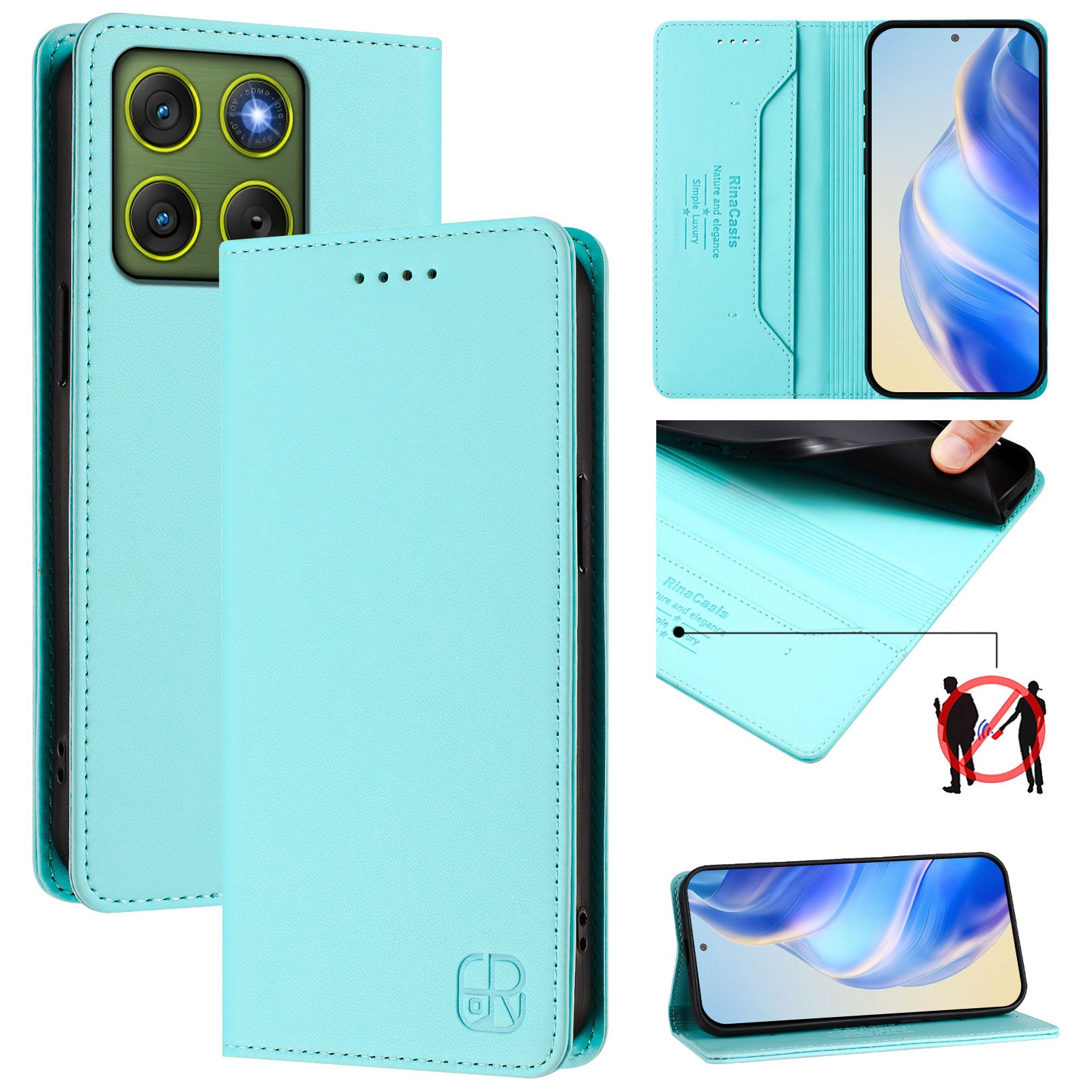 For Motorola Edge 70 5G Leather Case RINACASIS RC01 Phone Cover with RFID Blocking Wallet Stand - Mint Green