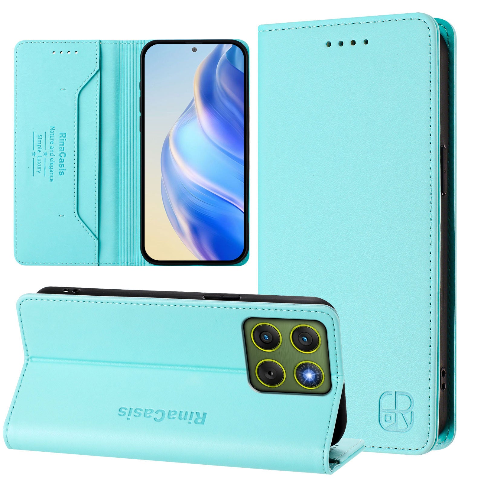 For Motorola Edge 70 5G Leather Case RINACASIS RC01 Phone Cover with RFID Blocking Wallet Stand - Mint Green