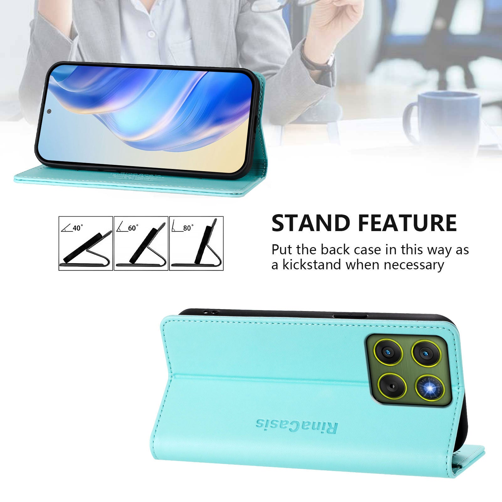 For Motorola Edge 70 5G Leather Case RINACASIS RC01 Phone Cover with RFID Blocking Wallet Stand - Mint Green