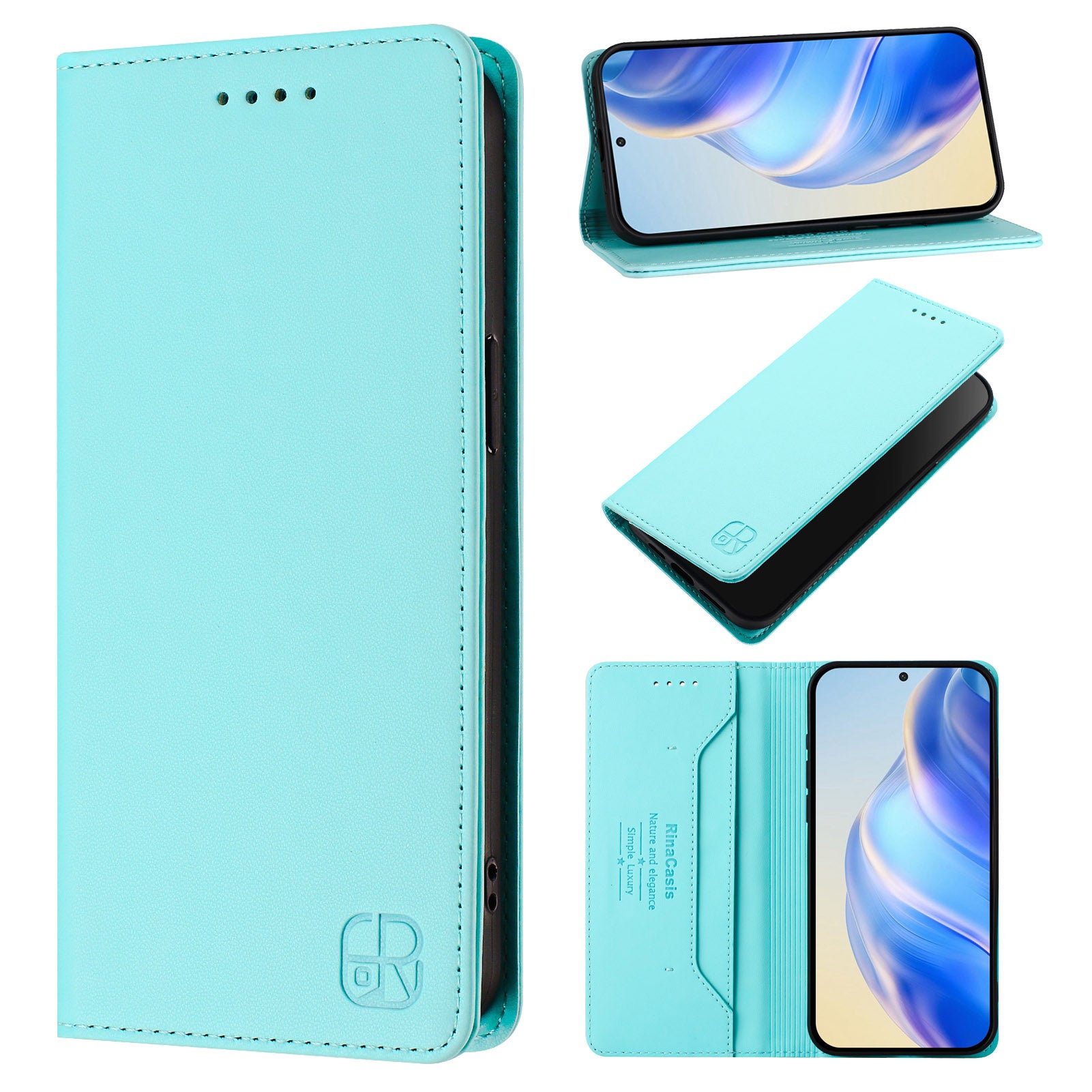 For Motorola Edge 70 5G Leather Case RINACASIS RC01 Phone Cover with RFID Blocking Wallet Stand - Mint Green