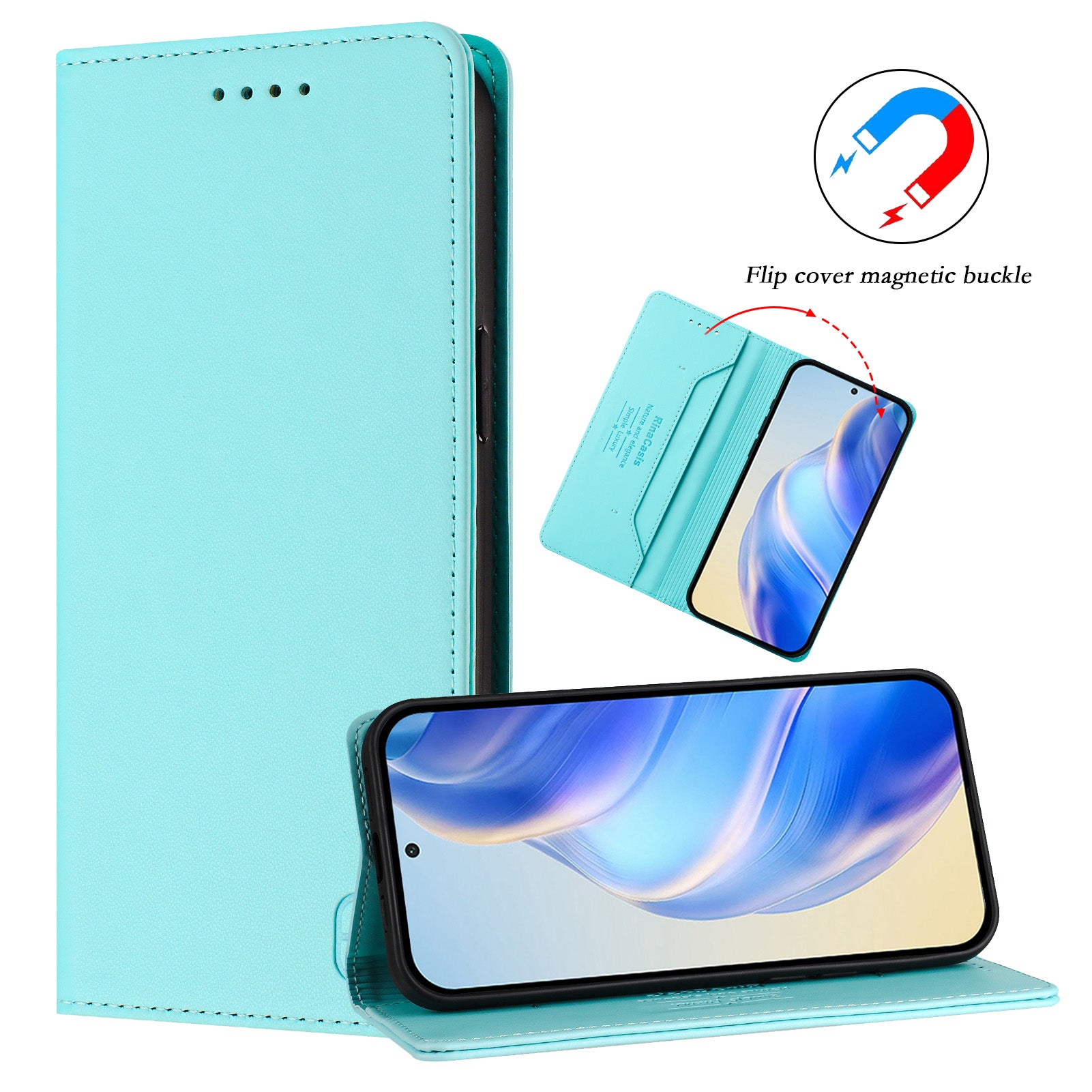 For Motorola Edge 70 5G Leather Case RINACASIS RC01 Phone Cover with RFID Blocking Wallet Stand - Mint Green