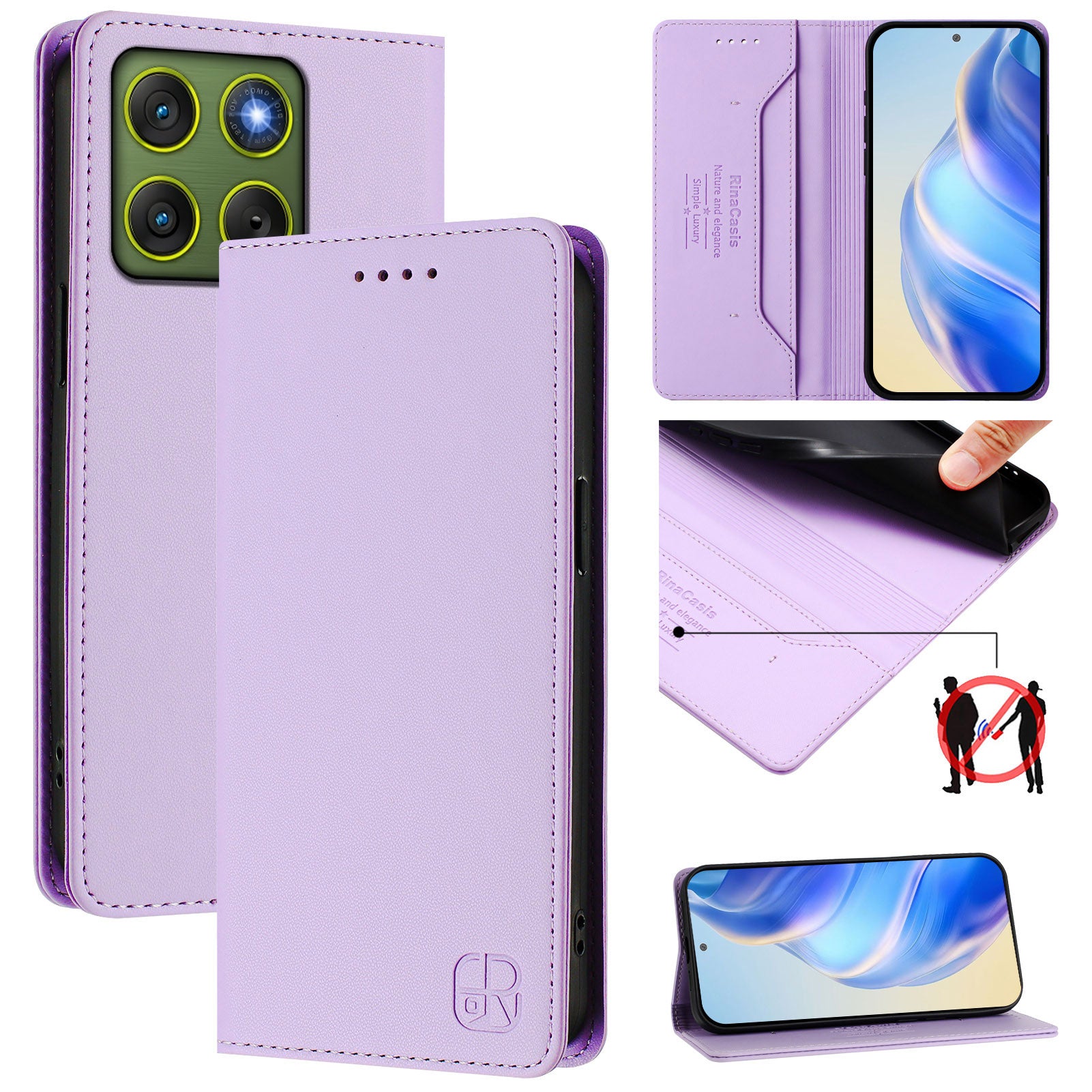 For Motorola Edge 70 5G Leather Case RINACASIS RC01 Phone Cover with RFID Blocking Wallet Stand - Light Purple