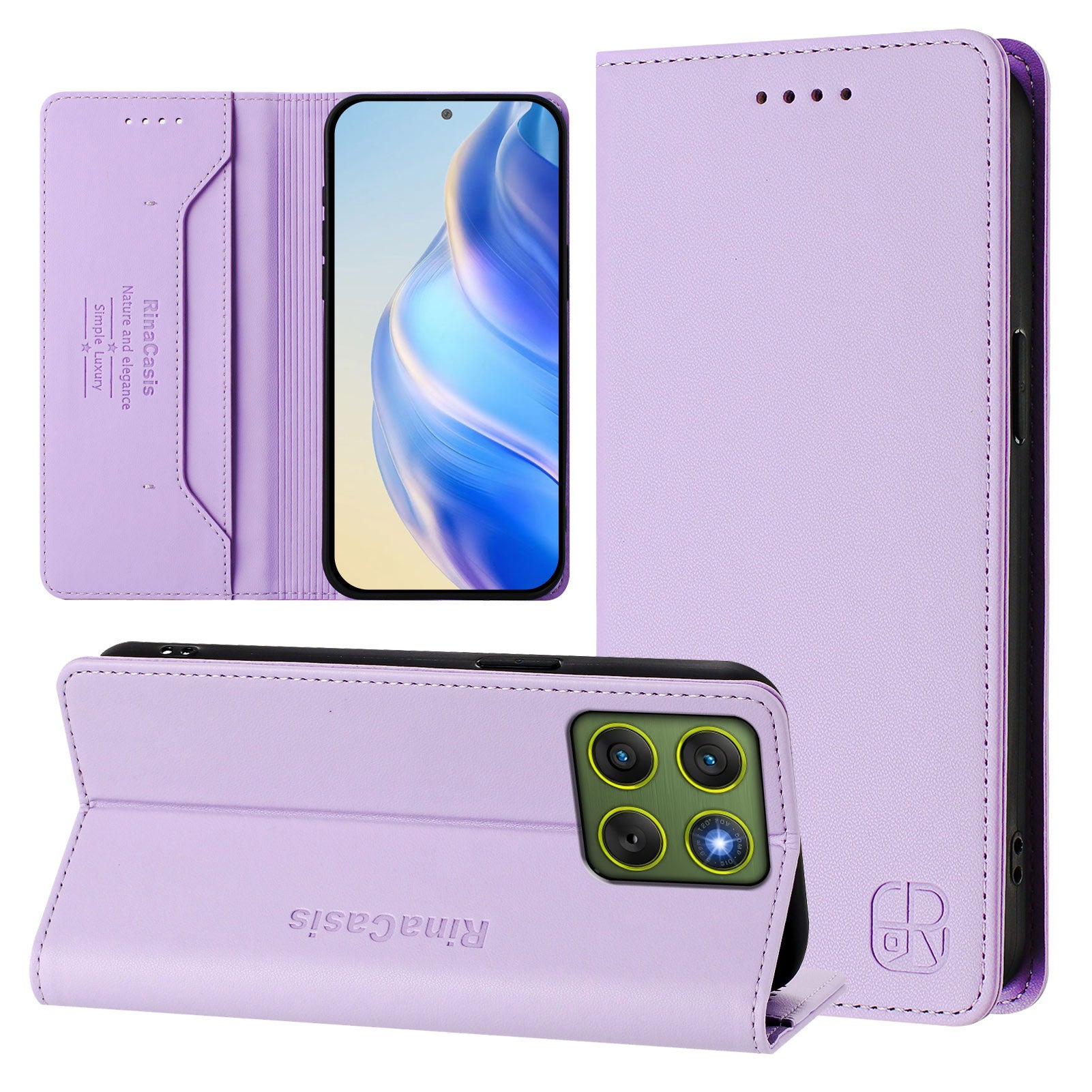 For Motorola Edge 70 5G Leather Case RINACASIS RC01 Phone Cover with RFID Blocking Wallet Stand - Light Purple