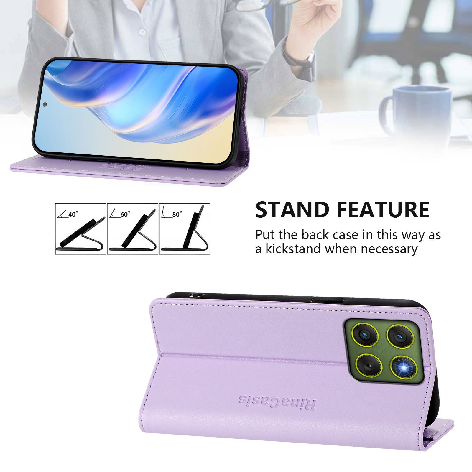 For Motorola Edge 70 5G Leather Case RINACASIS RC01 Phone Cover with RFID Blocking Wallet Stand - Light Purple