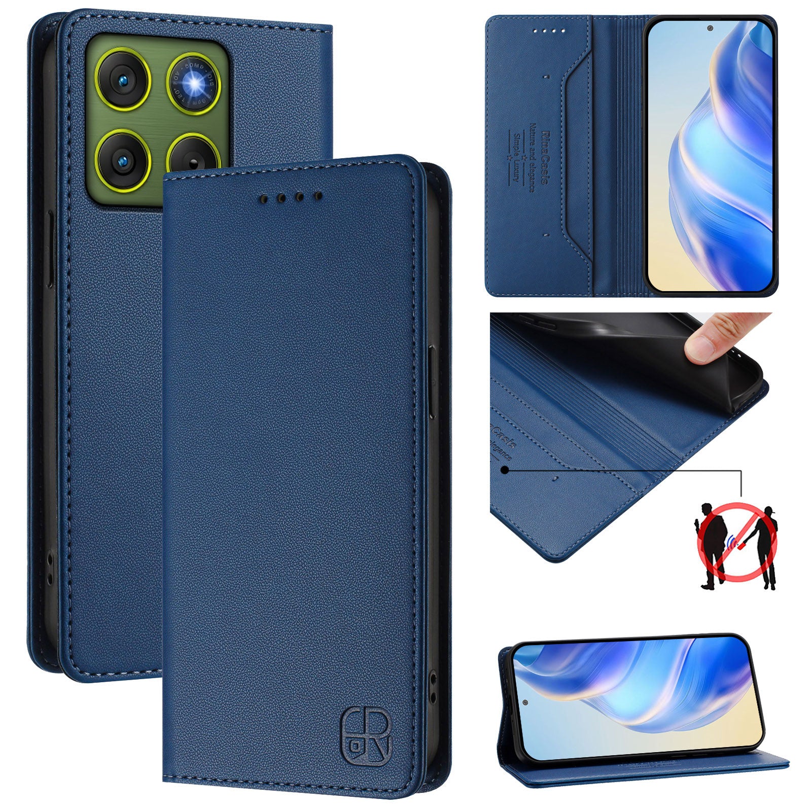 For Motorola Edge 70 5G Leather Case RINACASIS RC01 Phone Cover with RFID Blocking Wallet Stand - Dark Blue