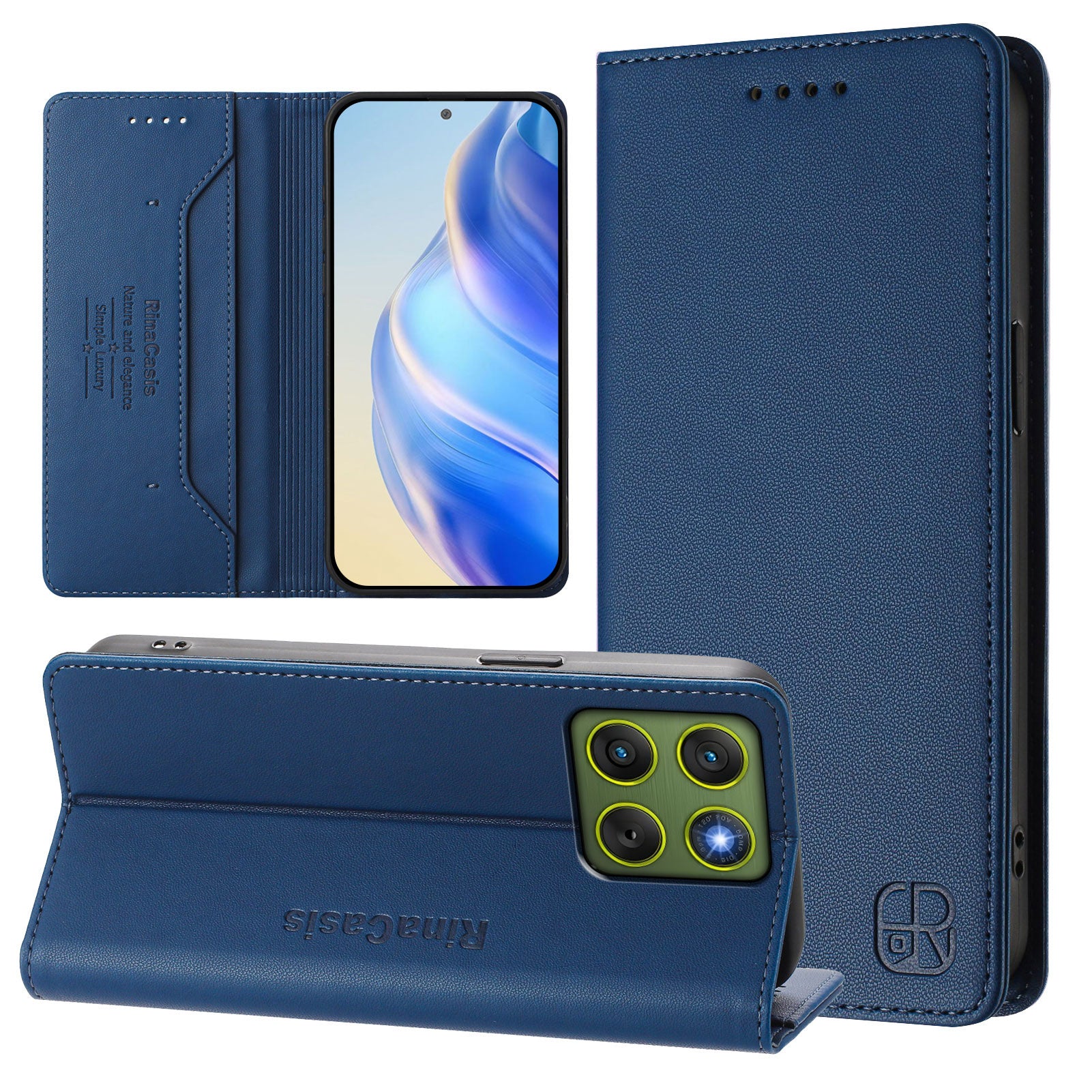 For Motorola Edge 70 5G Leather Case RINACASIS RC01 Phone Cover with RFID Blocking Wallet Stand - Dark Blue