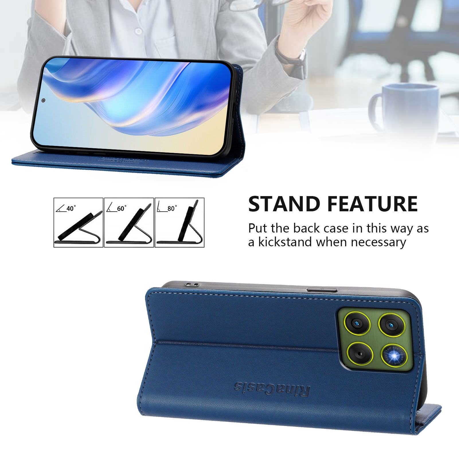 For Motorola Edge 70 5G Leather Case RINACASIS RC01 Phone Cover with RFID Blocking Wallet Stand - Dark Blue