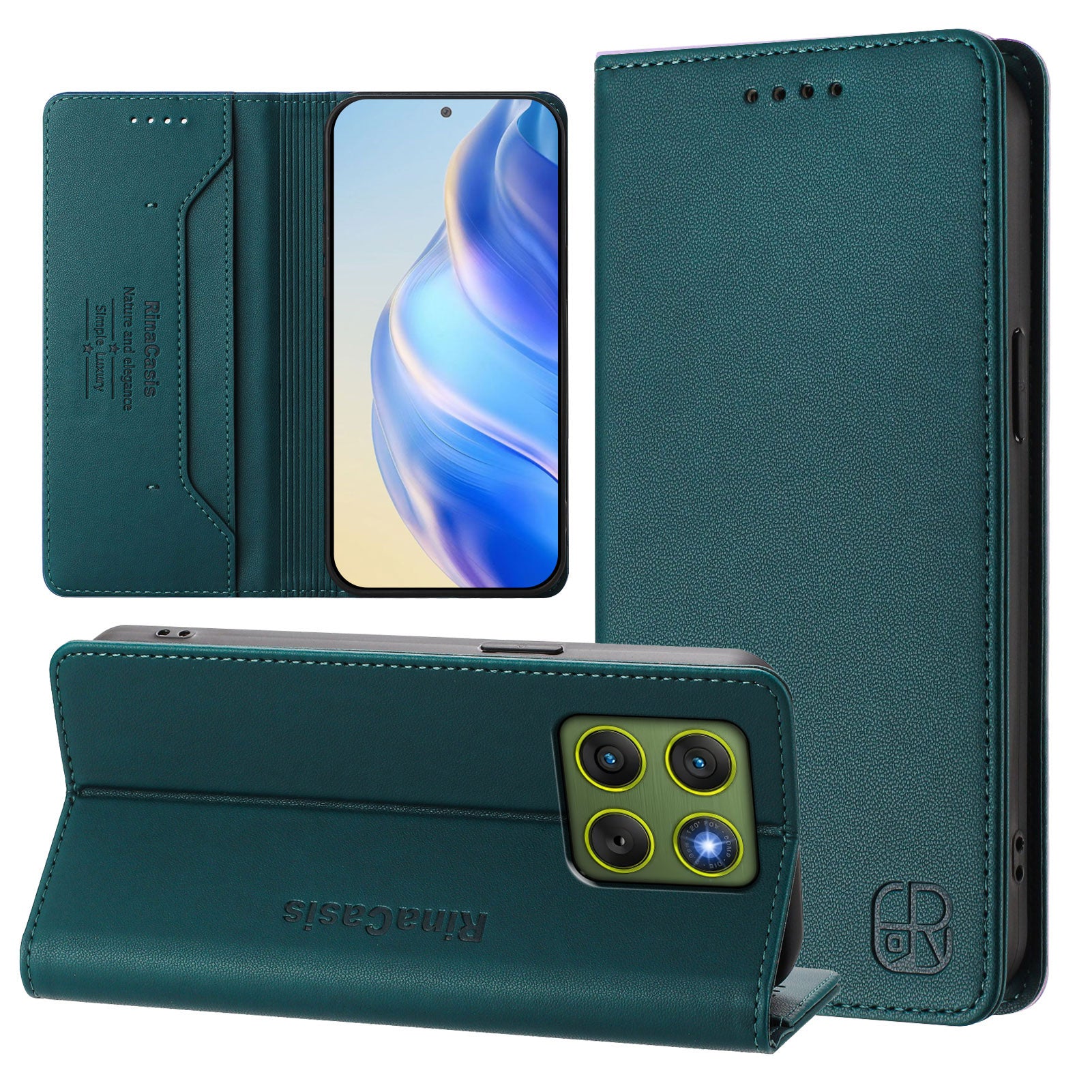 For Motorola Edge 70 5G Leather Case RINACASIS RC01 Phone Cover with RFID Blocking Wallet Stand - Dark Green