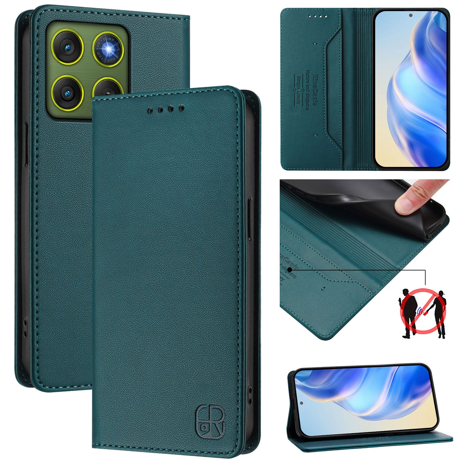 For Motorola Edge 70 5G Leather Case RINACASIS RC01 Phone Cover with RFID Blocking Wallet Stand - Dark Green