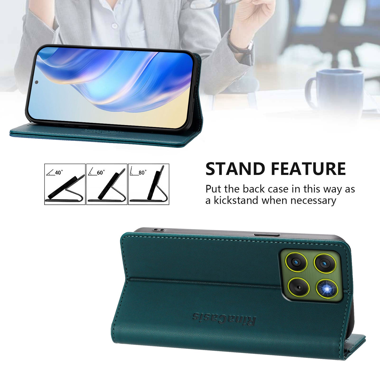 For Motorola Edge 70 5G Leather Case RINACASIS RC01 Phone Cover with RFID Blocking Wallet Stand - Dark Green