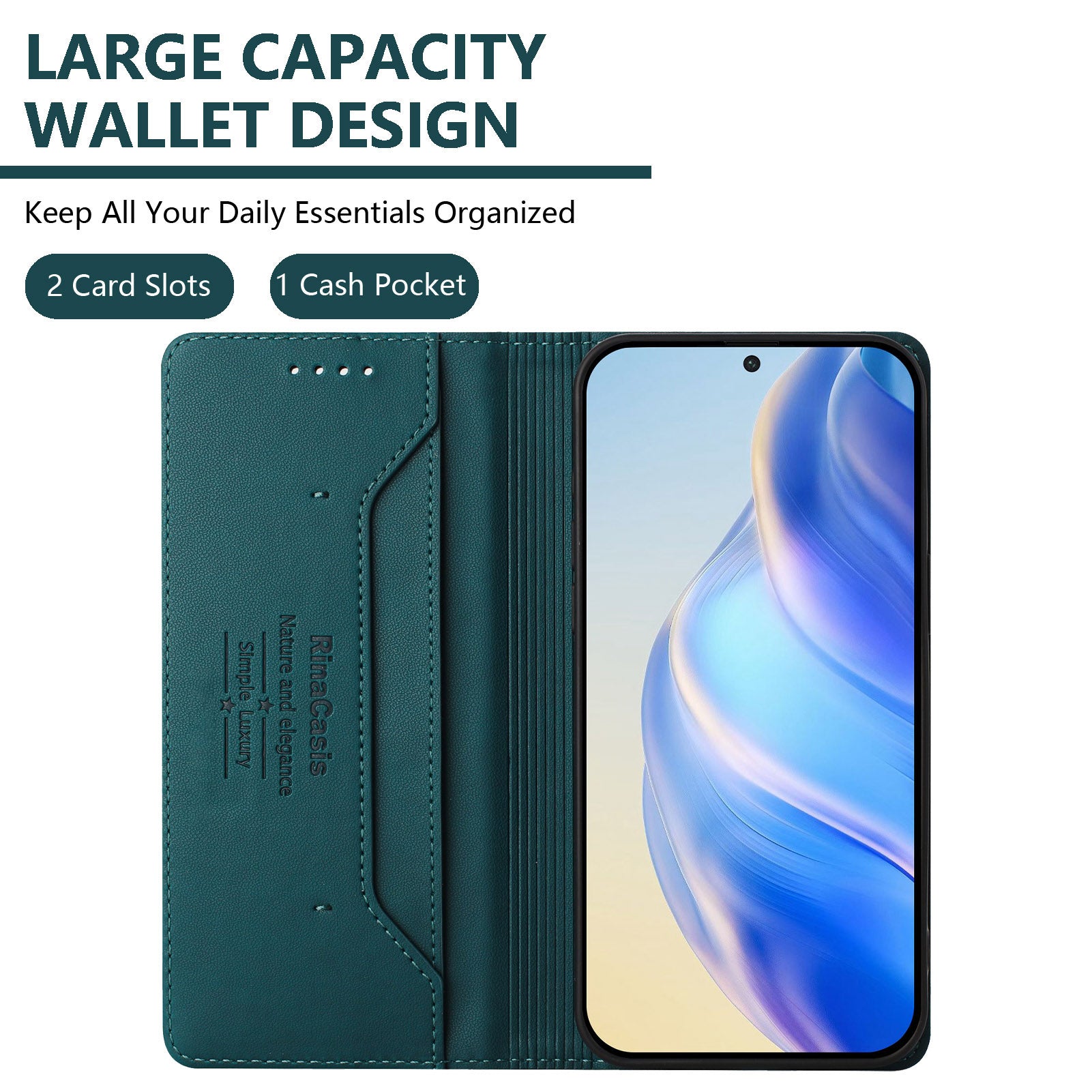 For Motorola Edge 70 5G Leather Case RINACASIS RC01 Phone Cover with RFID Blocking Wallet Stand - Dark Green
