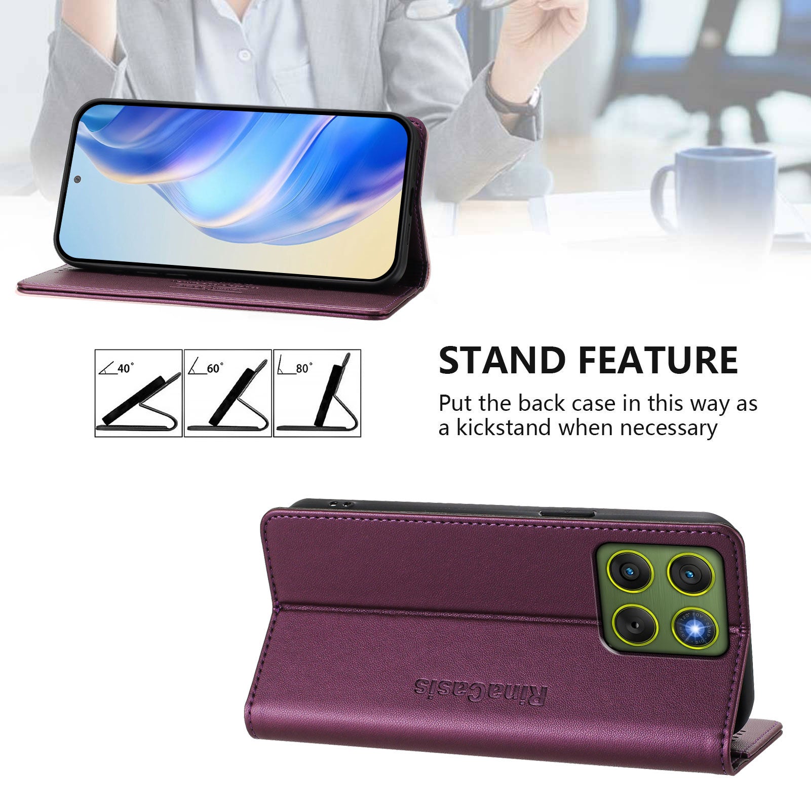 For Motorola Edge 70 5G Leather Case RINACASIS RC01 Phone Cover with RFID Blocking Wallet Stand - Violet