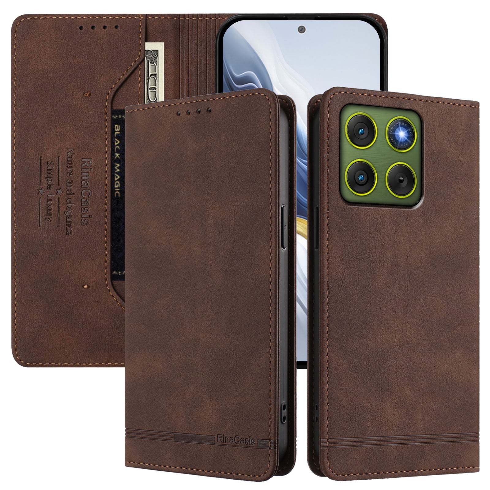 For Motorola Edge 70 5G Case RINACASIS RC23 RFID Blocking Wallet Stand PU Leather Phone Cover - Brown