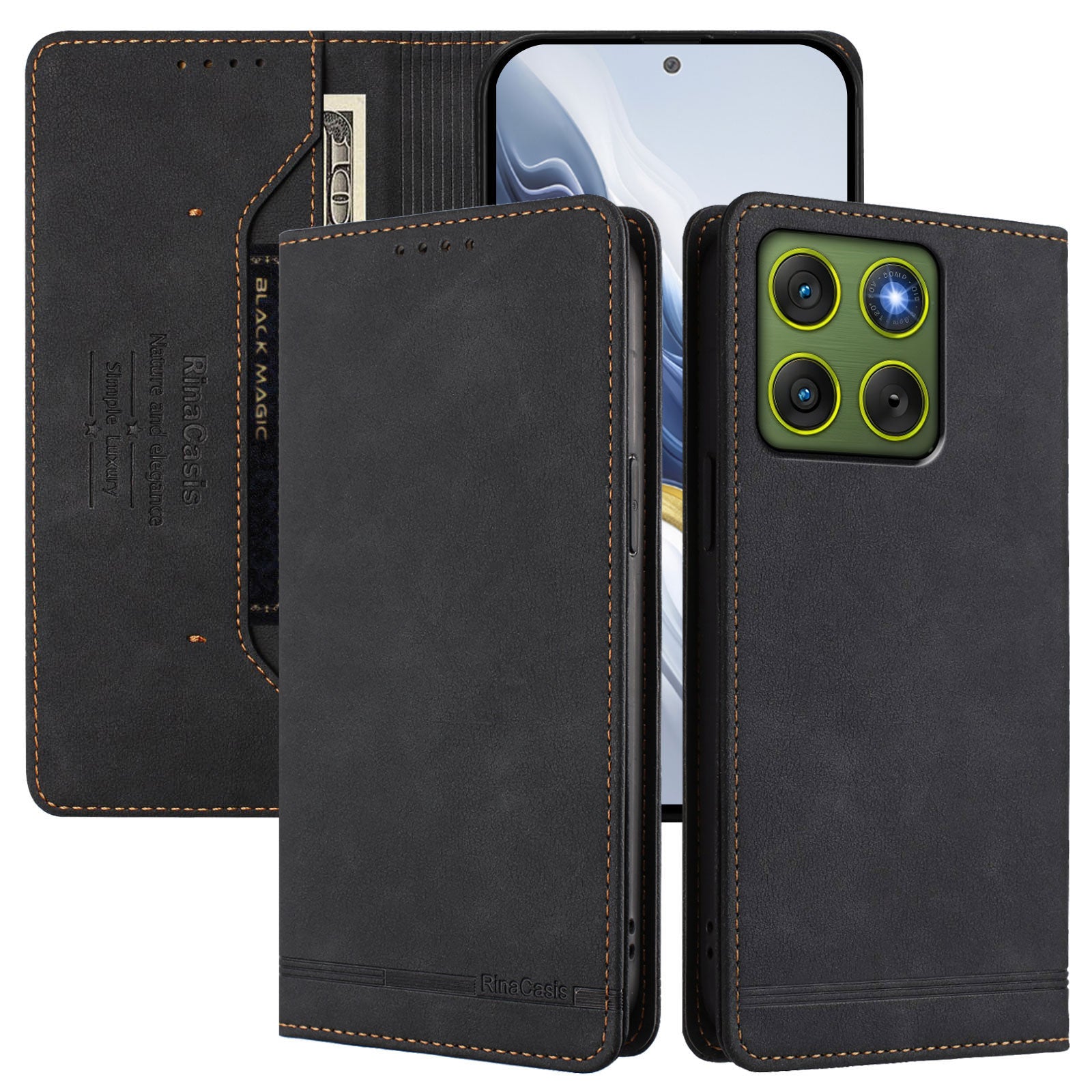 For Motorola Edge 70 5G Case RINACASIS RC23 RFID Blocking Wallet Stand PU Leather Phone Cover - Black