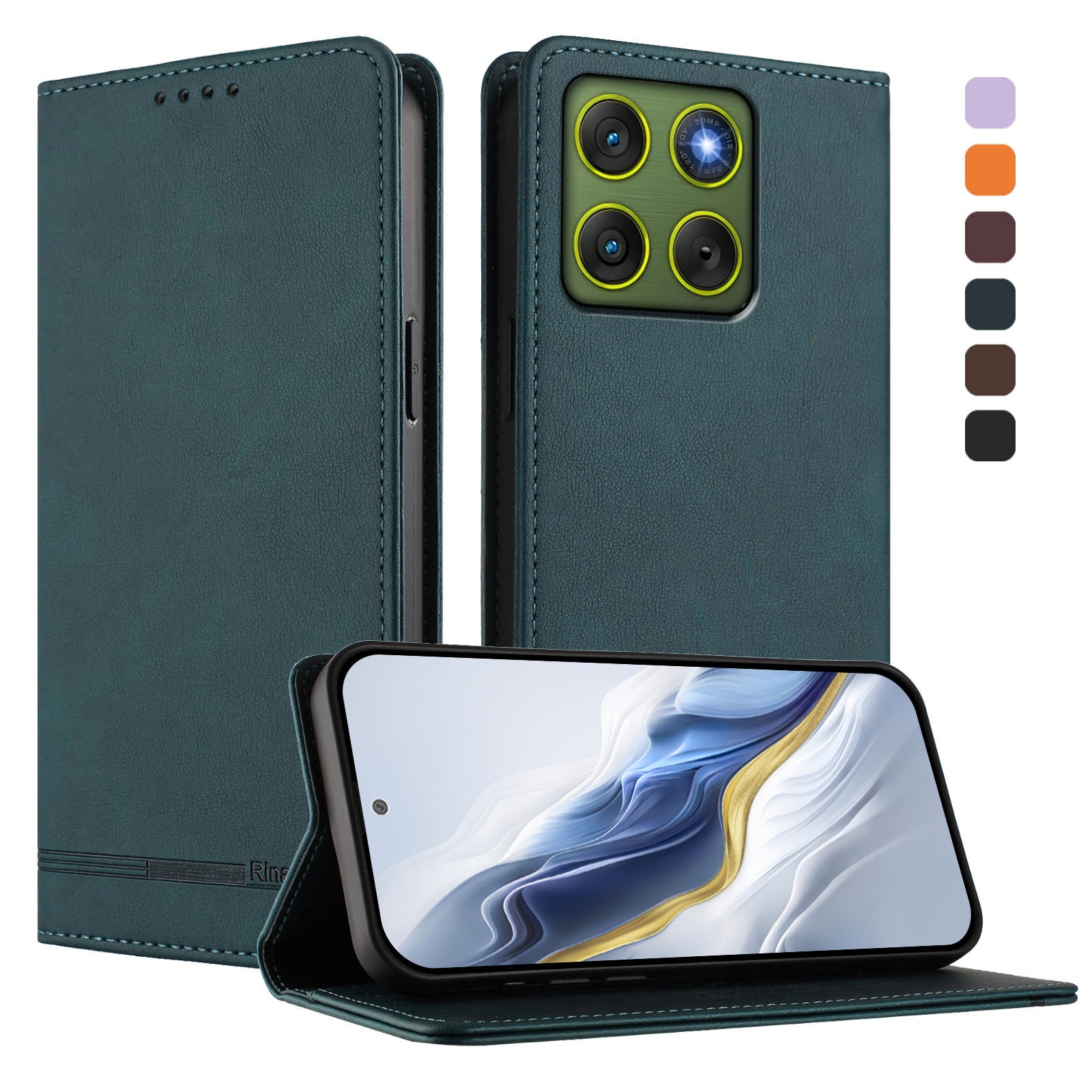 For Motorola Edge 70 5G Case RINACASIS RC23 RFID Blocking Wallet Stand PU Leather Phone Cover - Dark Green