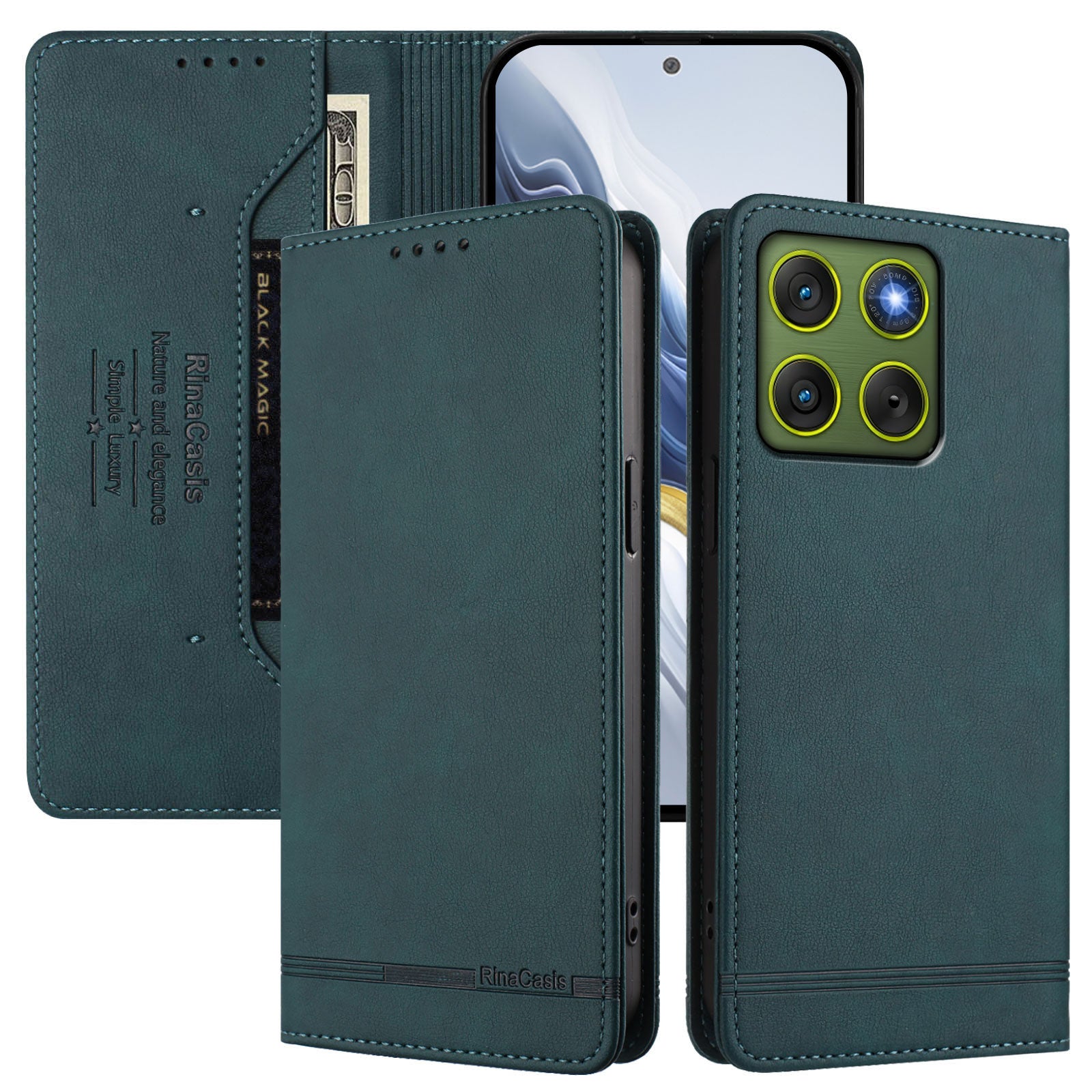 For Motorola Edge 70 5G Case RINACASIS RC23 RFID Blocking Wallet Stand PU Leather Phone Cover - Dark Green
