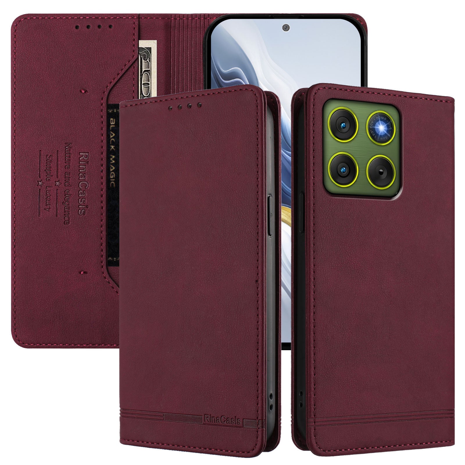 For Motorola Edge 70 5G Case RINACASIS RC23 RFID Blocking Wallet Stand PU Leather Phone Cover - Wine Red