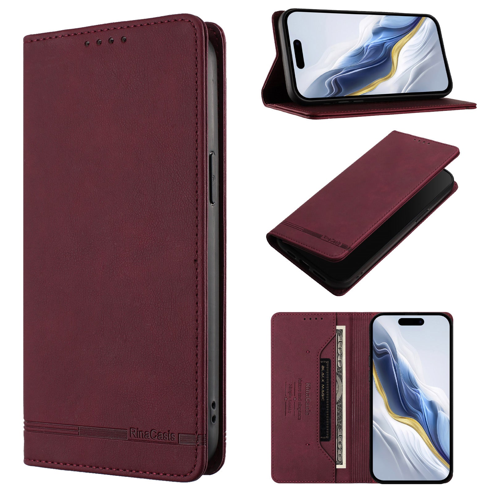 For Motorola Edge 70 5G Case RINACASIS RC23 RFID Blocking Wallet Stand PU Leather Phone Cover - Wine Red