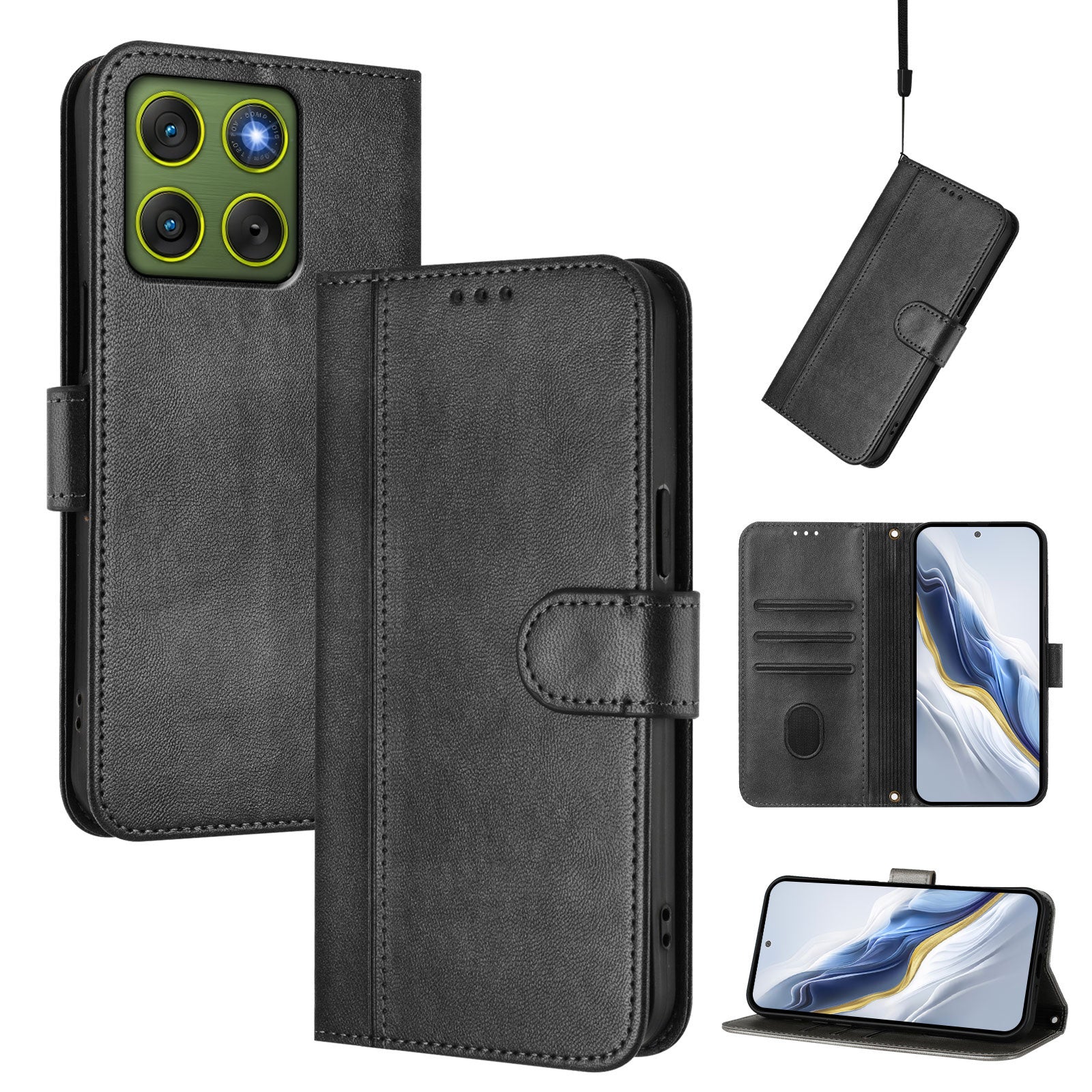 For Motorola Edge 70 5G Cases Wallet Stand Retro Texture Leather Phone Cover with Lanyard - Black
