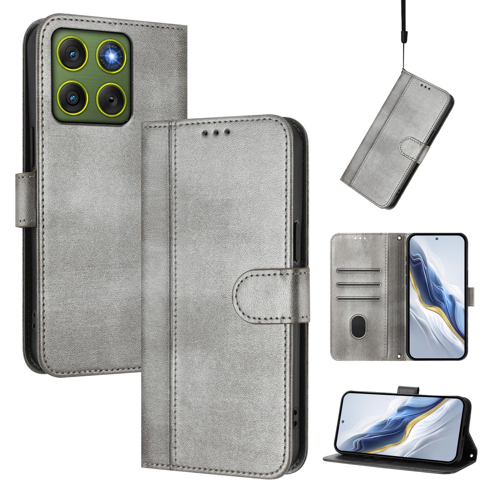 For Motorola Edge 70 5G Cases Wallet Stand Retro Texture Leather Phone Cover with Lanyard - Grey