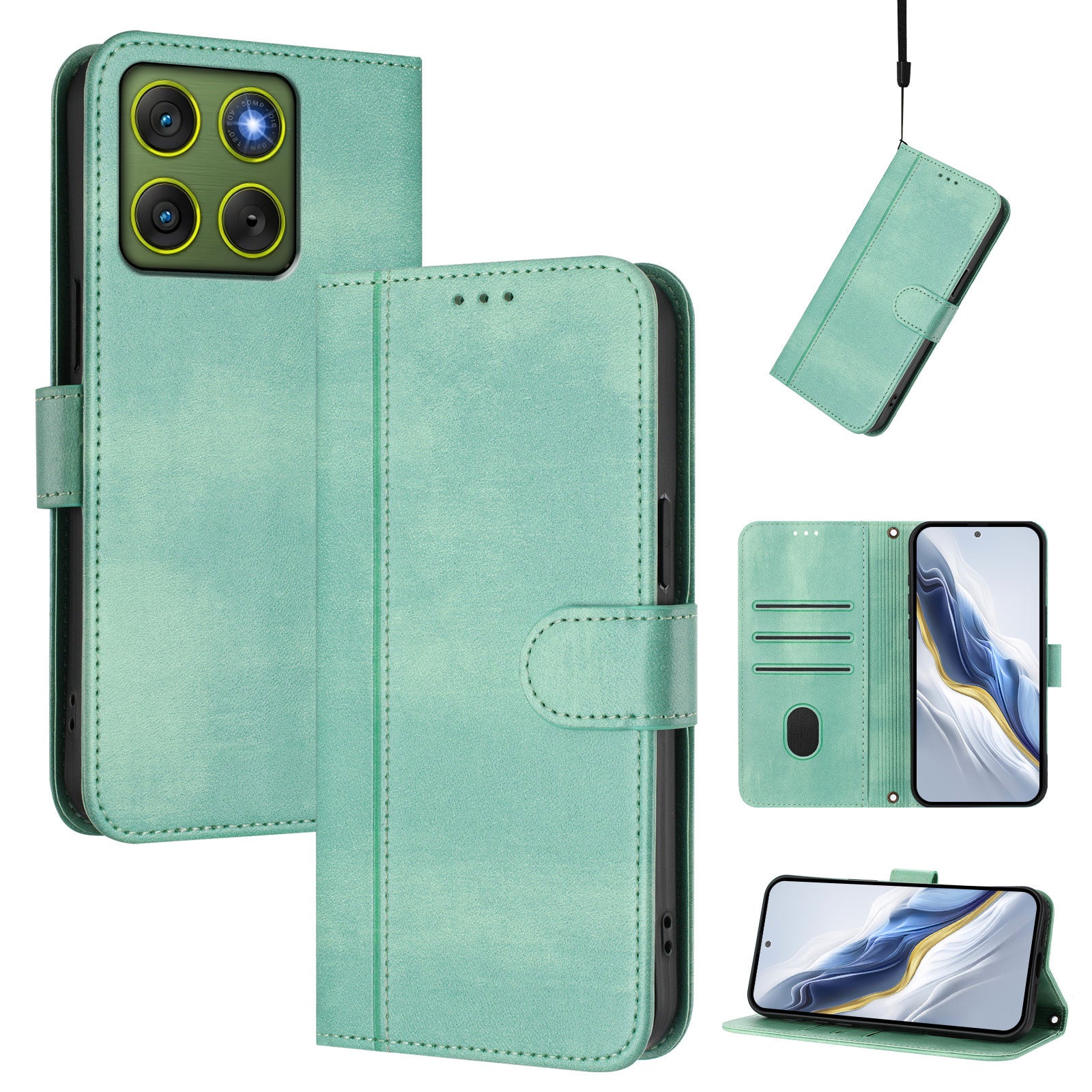 For Motorola Edge 70 5G Cases Wallet Stand Retro Texture Leather Phone Cover with Lanyard - Mint Green