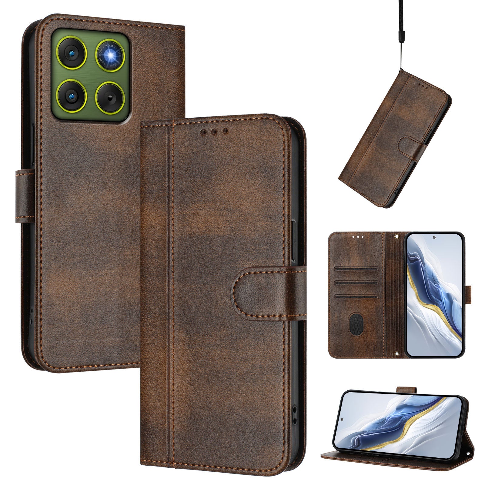For Motorola Edge 70 5G Cases Wallet Stand Retro Texture Leather Phone Cover with Lanyard - Brown