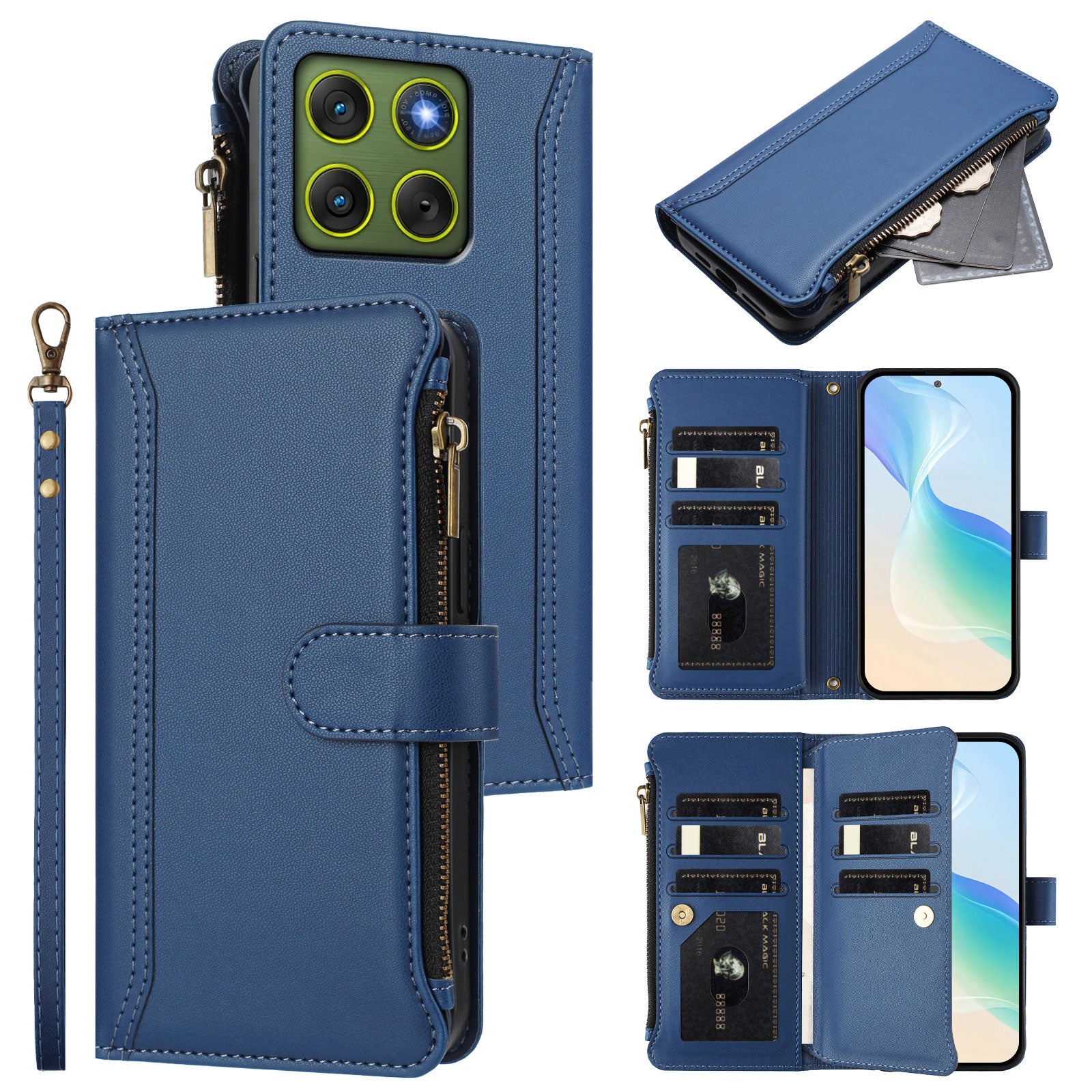 For Motorola Edge 70 5G Leather Case 9 Card Slots Zipper Wallet Stand Phone Cover with Wrist Strap - Dark Blue