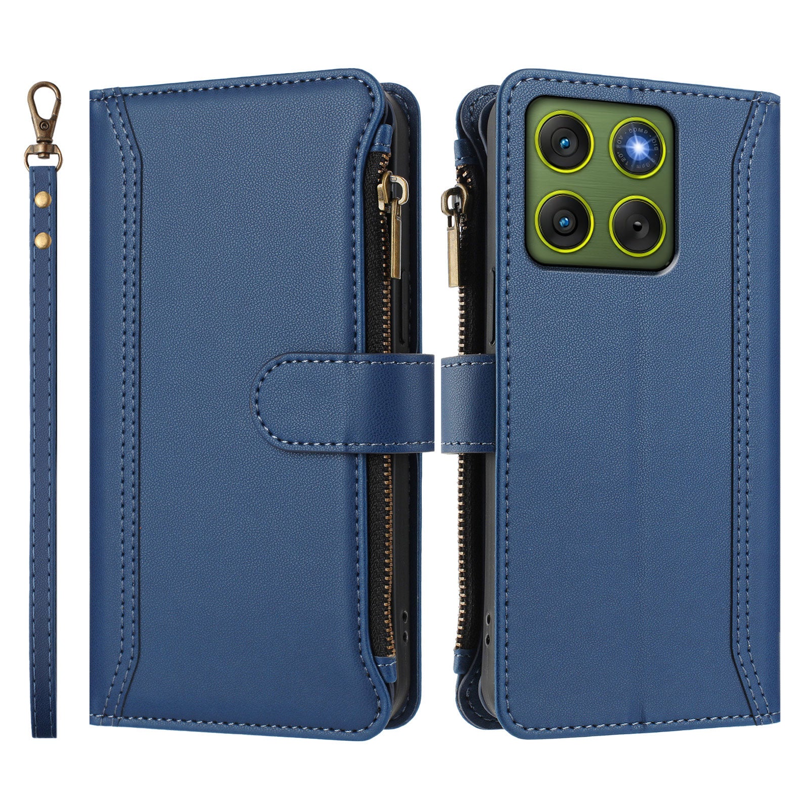 For Motorola Edge 70 5G Leather Case 9 Card Slots Zipper Wallet Stand Phone Cover with Wrist Strap - Dark Blue