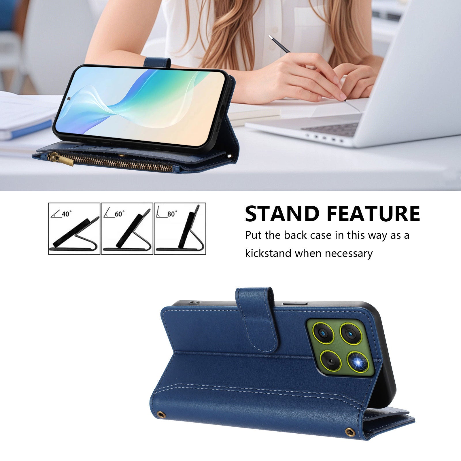 For Motorola Edge 70 5G Leather Case 9 Card Slots Zipper Wallet Stand Phone Cover with Wrist Strap - Dark Blue