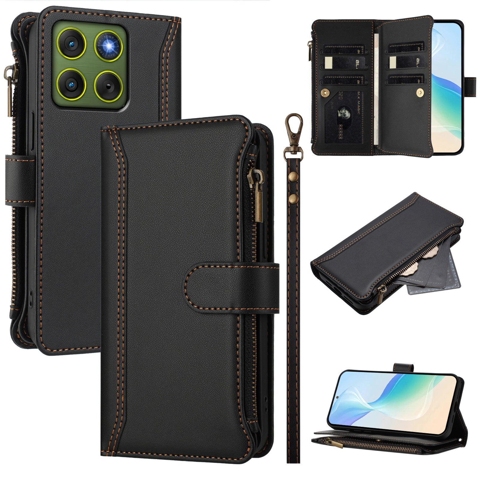 For Motorola Edge 70 5G Leather Case 9 Card Slots Zipper Wallet Stand Phone Cover with Wrist Strap - Black