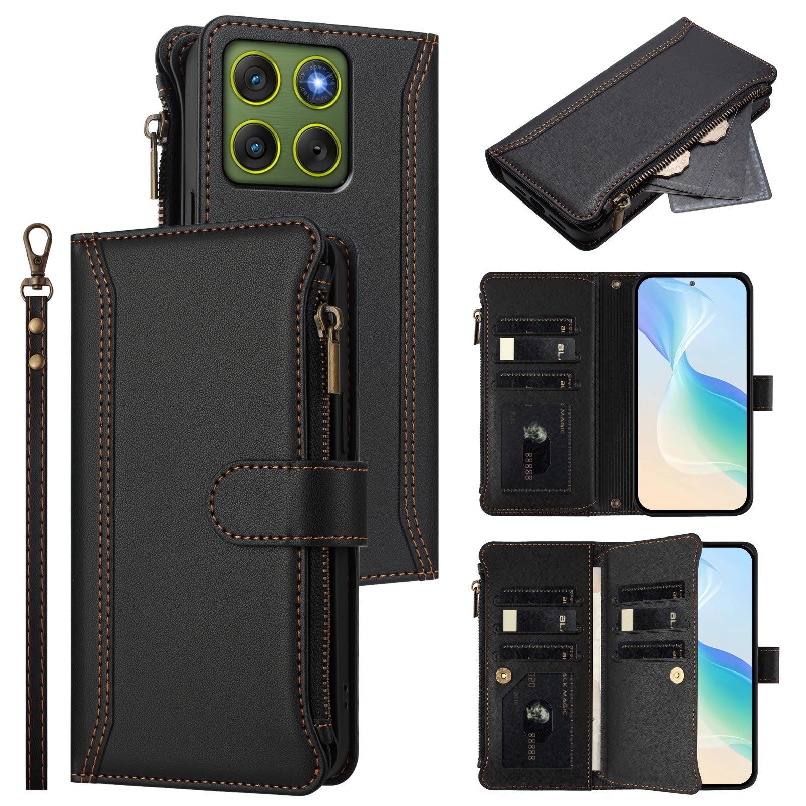 For Motorola Edge 70 5G Leather Case 9 Card Slots Zipper Wallet Stand Phone Cover with Wrist Strap - Black