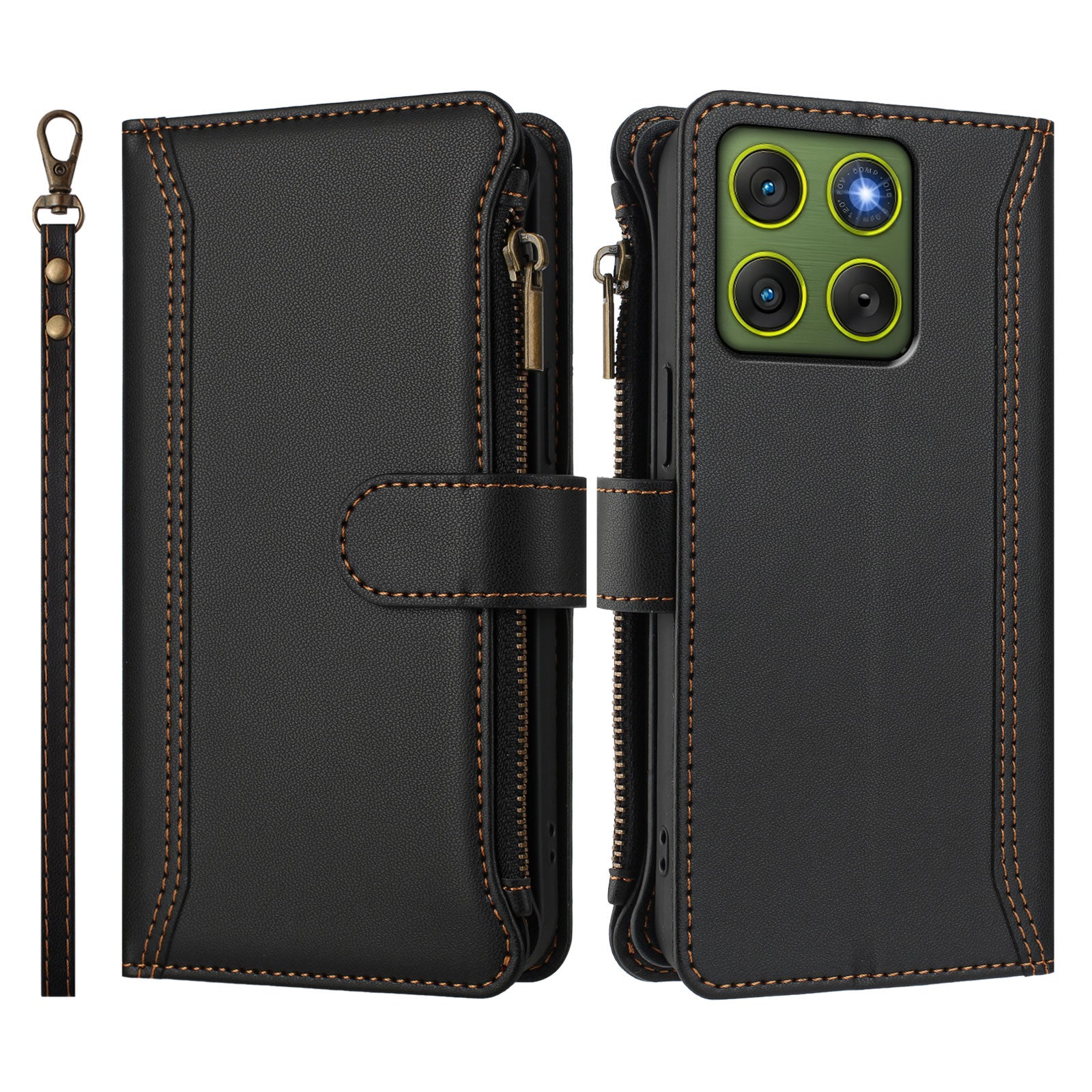 For Motorola Edge 70 5G Leather Case 9 Card Slots Zipper Wallet Stand Phone Cover with Wrist Strap - Black