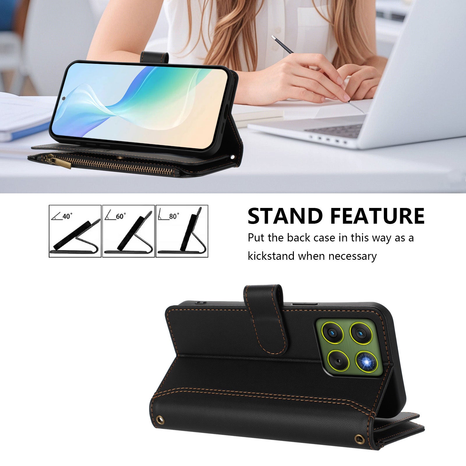 For Motorola Edge 70 5G Leather Case 9 Card Slots Zipper Wallet Stand Phone Cover with Wrist Strap - Black