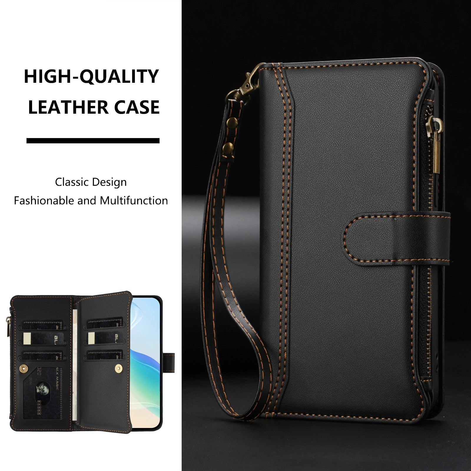 For Motorola Edge 70 5G Leather Case 9 Card Slots Zipper Wallet Stand Phone Cover with Wrist Strap - Black