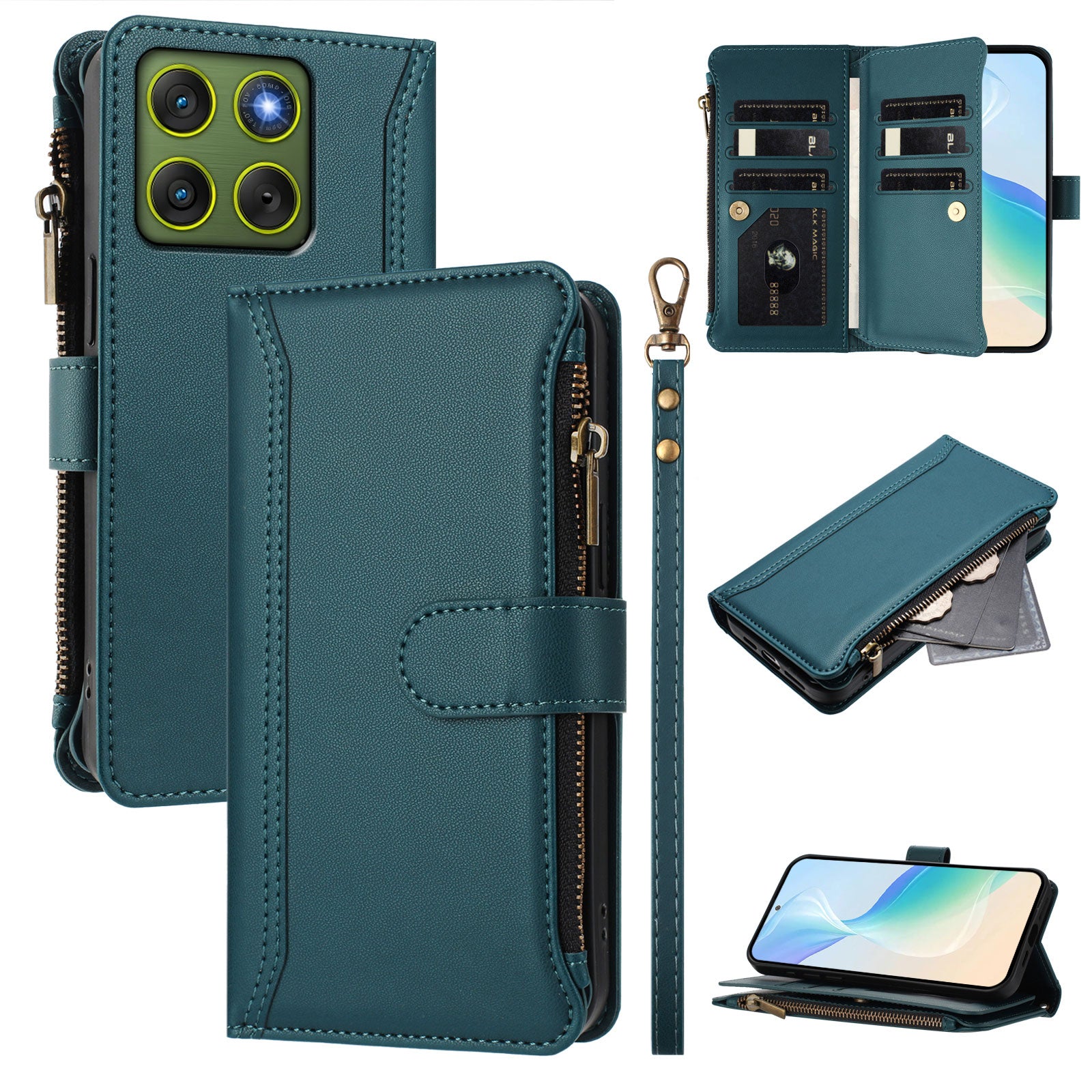 For Motorola Edge 70 5G Leather Case 9 Card Slots Zipper Wallet Stand Phone Cover with Wrist Strap - Dark Green