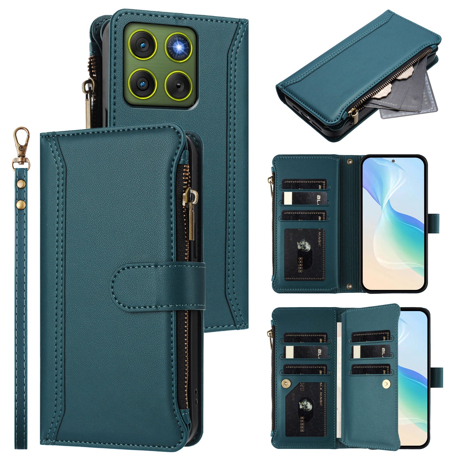 For Motorola Edge 70 5G Leather Case 9 Card Slots Zipper Wallet Stand Phone Cover with Wrist Strap - Dark Green