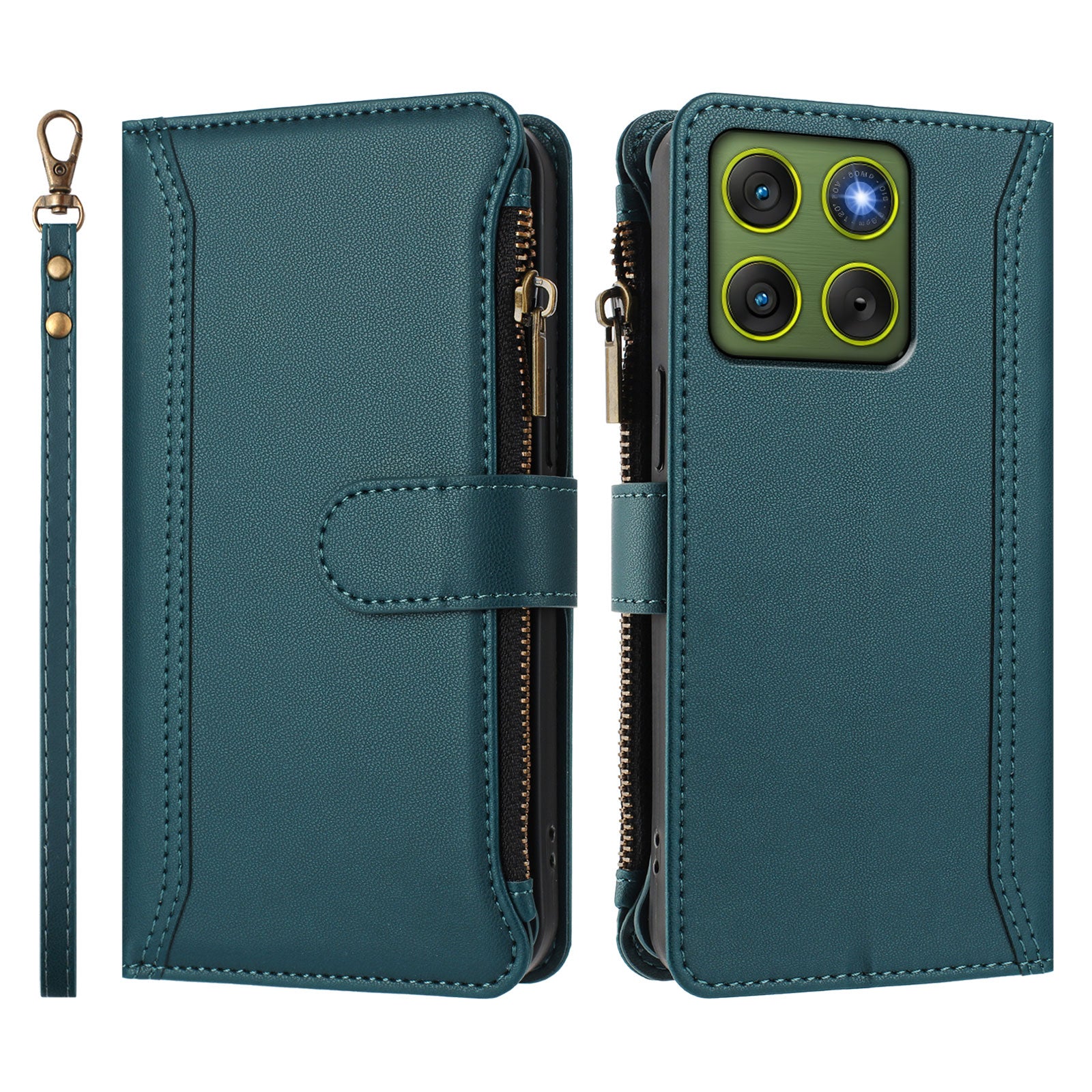 For Motorola Edge 70 5G Leather Case 9 Card Slots Zipper Wallet Stand Phone Cover with Wrist Strap - Dark Green