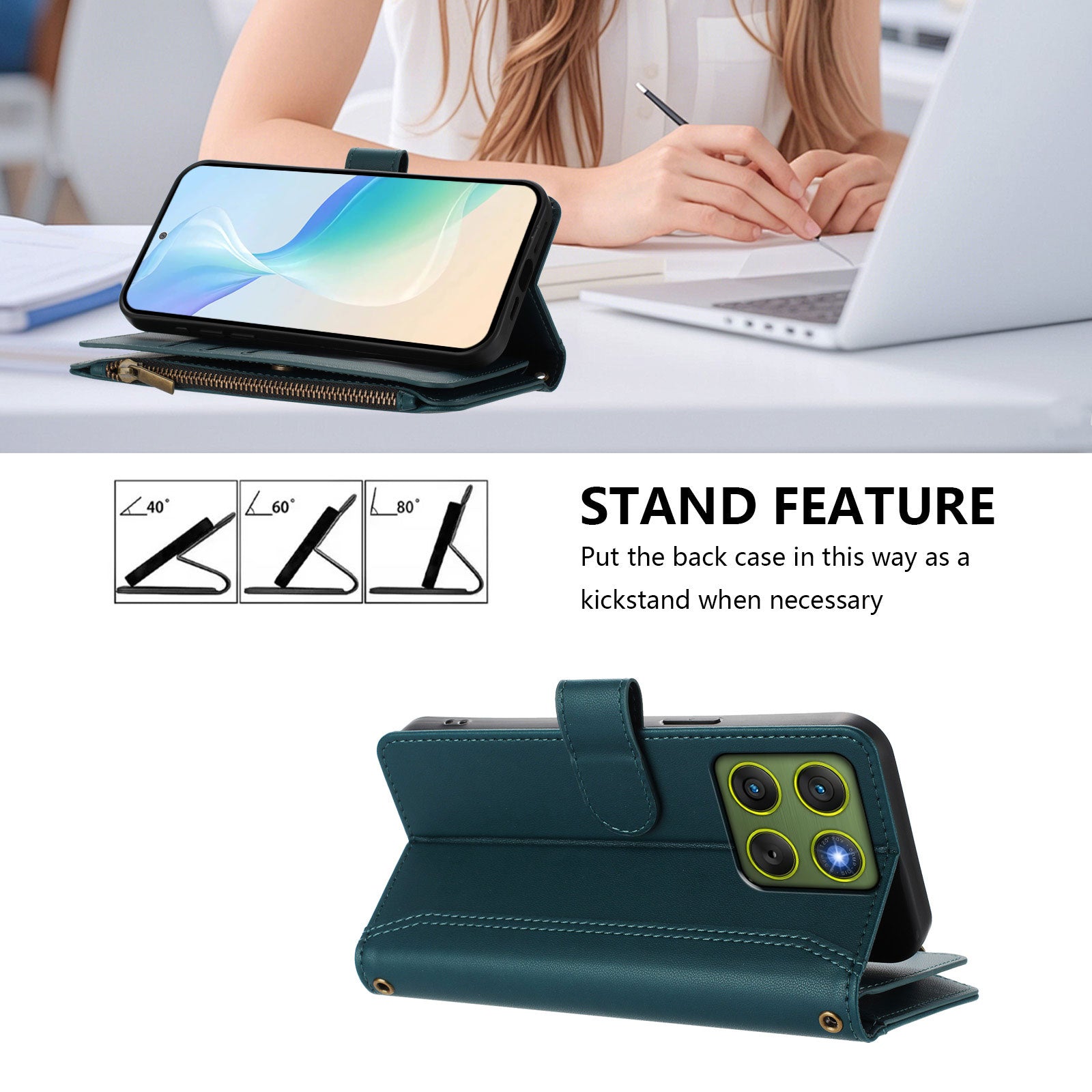 For Motorola Edge 70 5G Leather Case 9 Card Slots Zipper Wallet Stand Phone Cover with Wrist Strap - Dark Green
