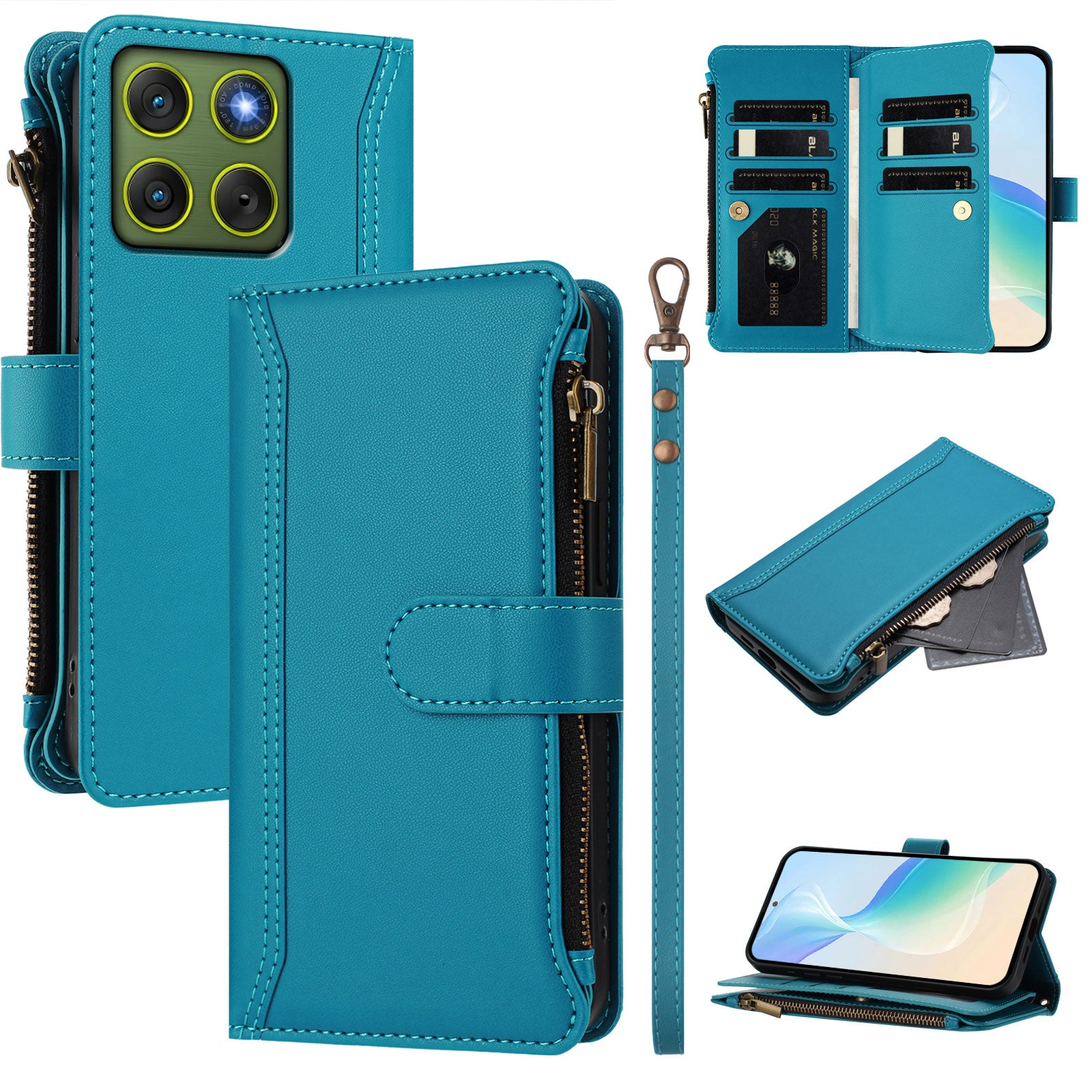 For Motorola Edge 70 5G Leather Case 9 Card Slots Zipper Wallet Stand Phone Cover with Wrist Strap - Lake Blue