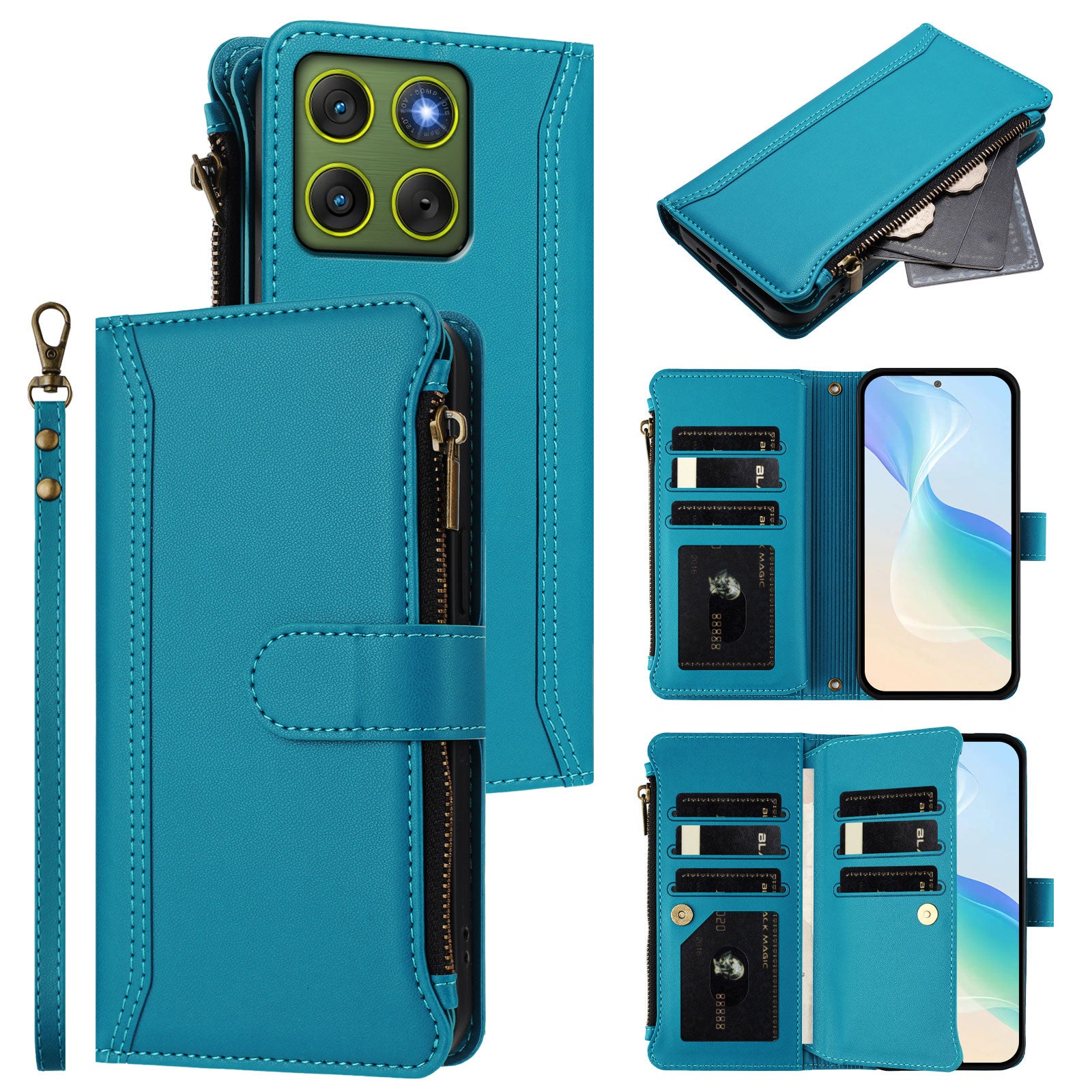 For Motorola Edge 70 5G Leather Case 9 Card Slots Zipper Wallet Stand Phone Cover with Wrist Strap - Lake Blue