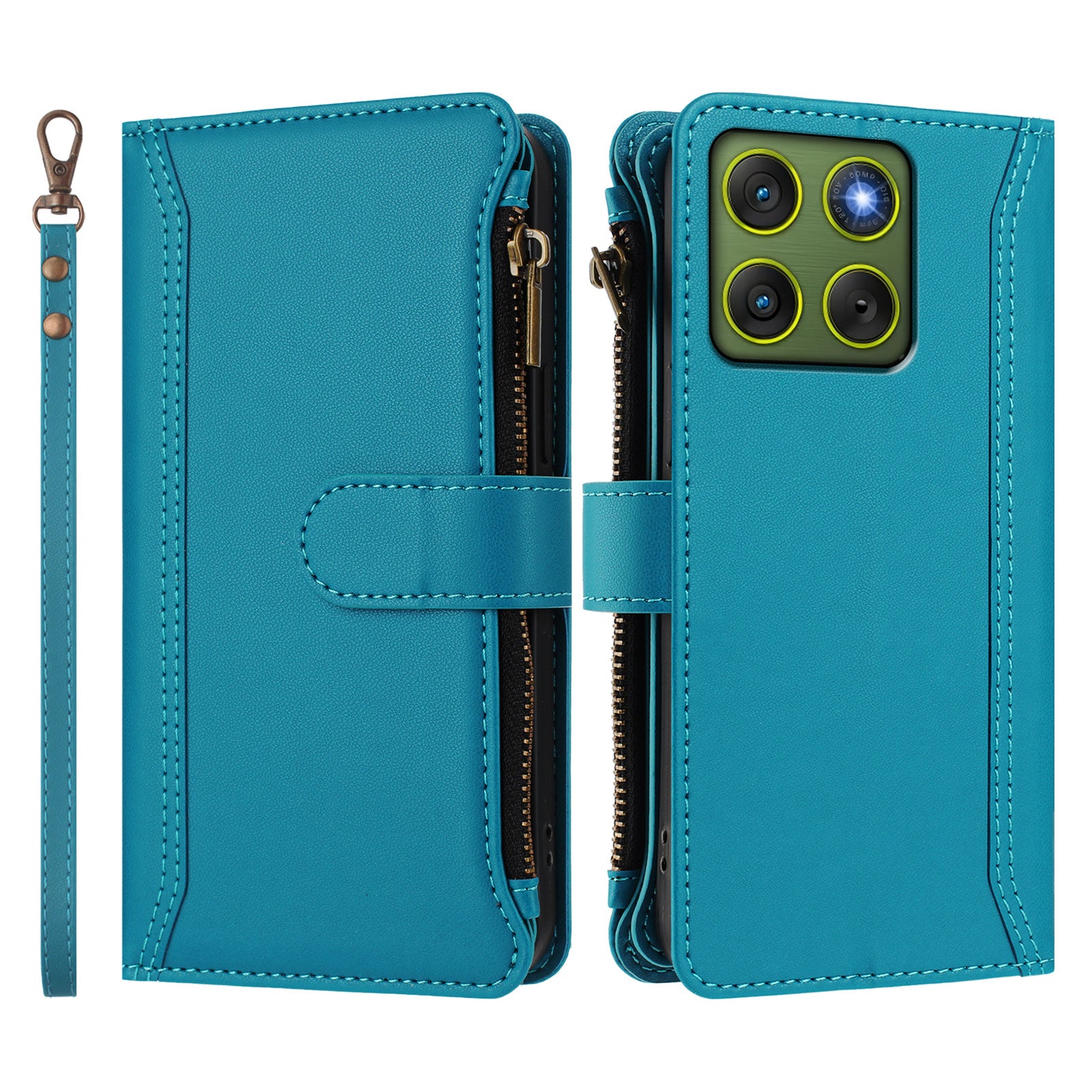 For Motorola Edge 70 5G Leather Case 9 Card Slots Zipper Wallet Stand Phone Cover with Wrist Strap - Lake Blue