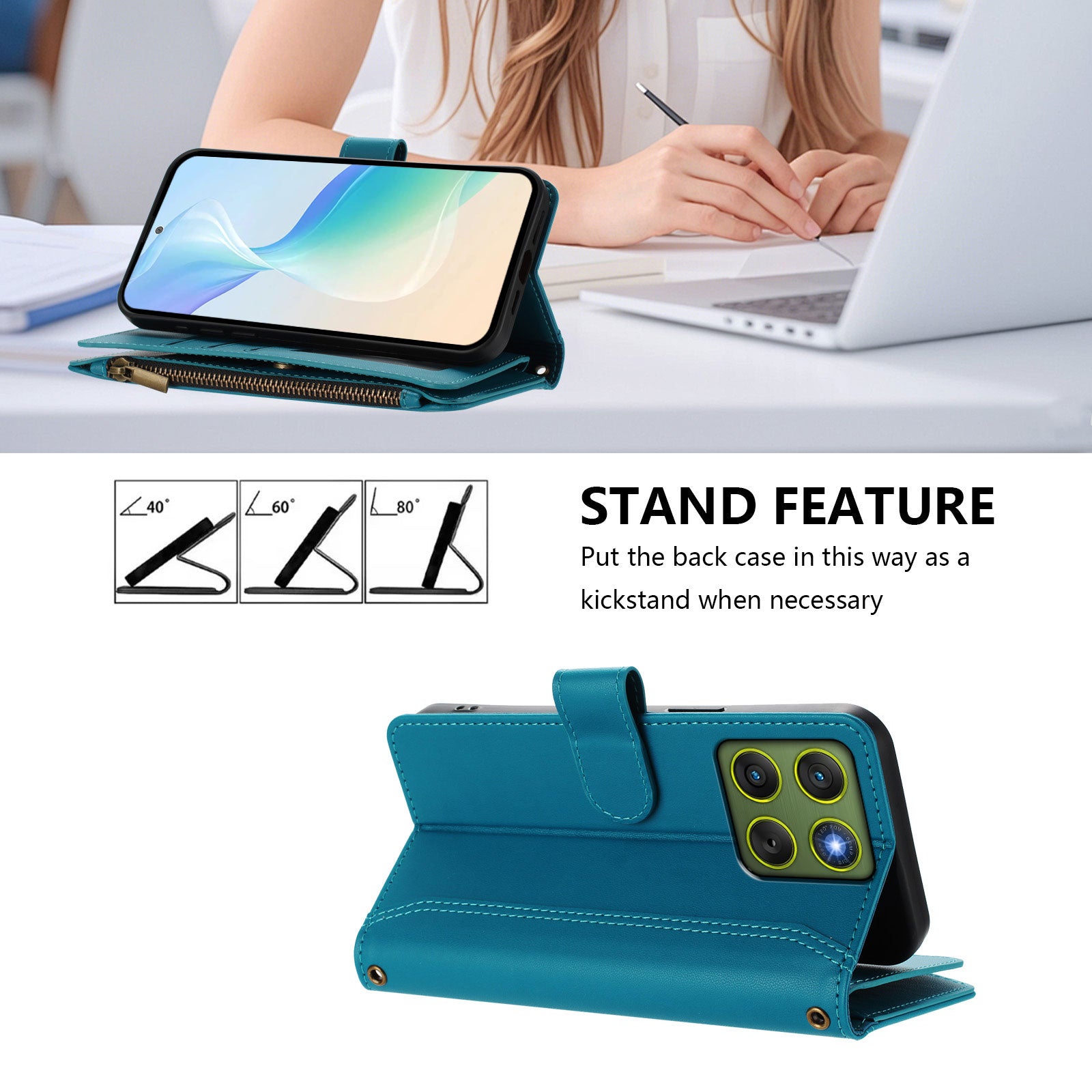 For Motorola Edge 70 5G Leather Case 9 Card Slots Zipper Wallet Stand Phone Cover with Wrist Strap - Lake Blue