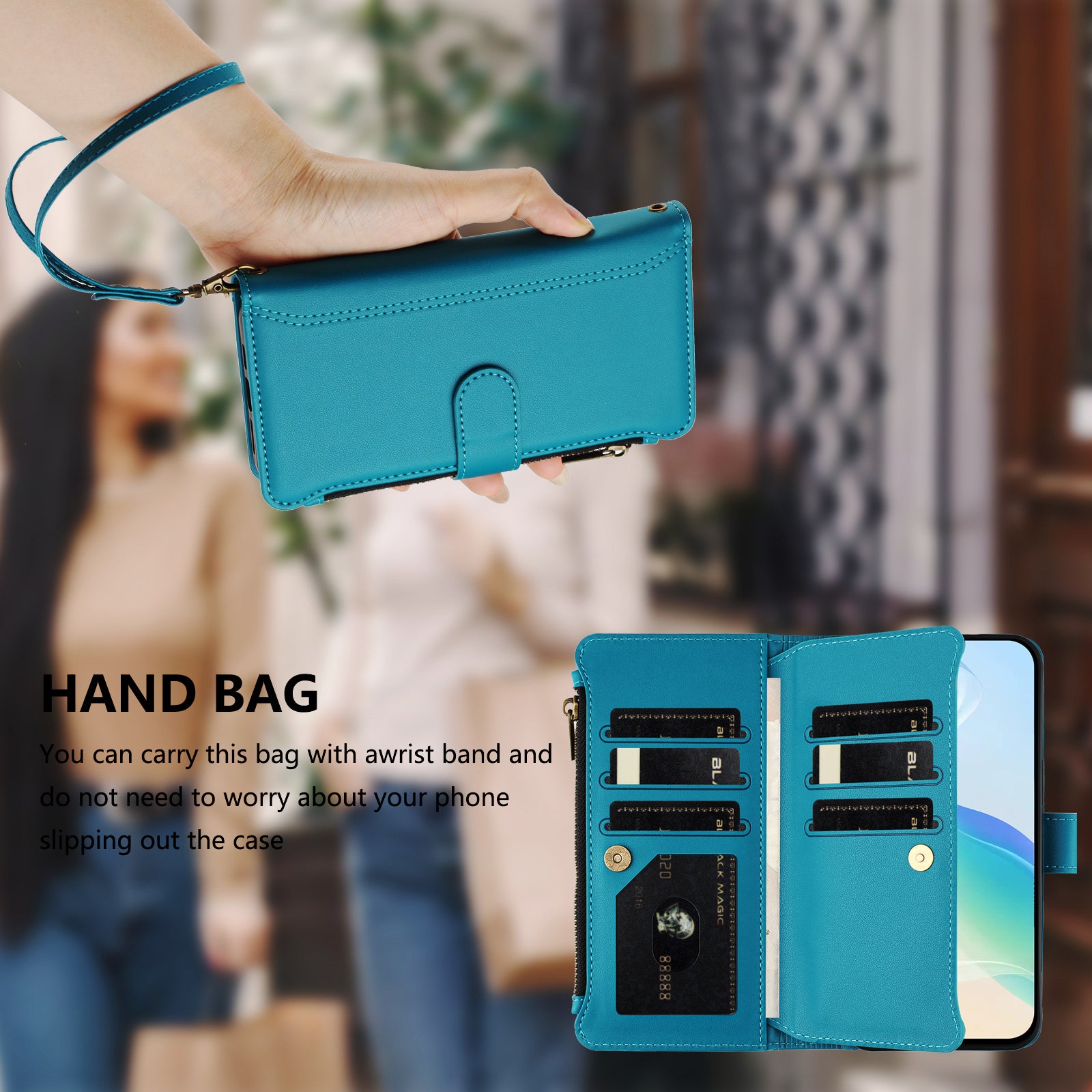 For Motorola Edge 70 5G Leather Case 9 Card Slots Zipper Wallet Stand Phone Cover with Wrist Strap - Lake Blue