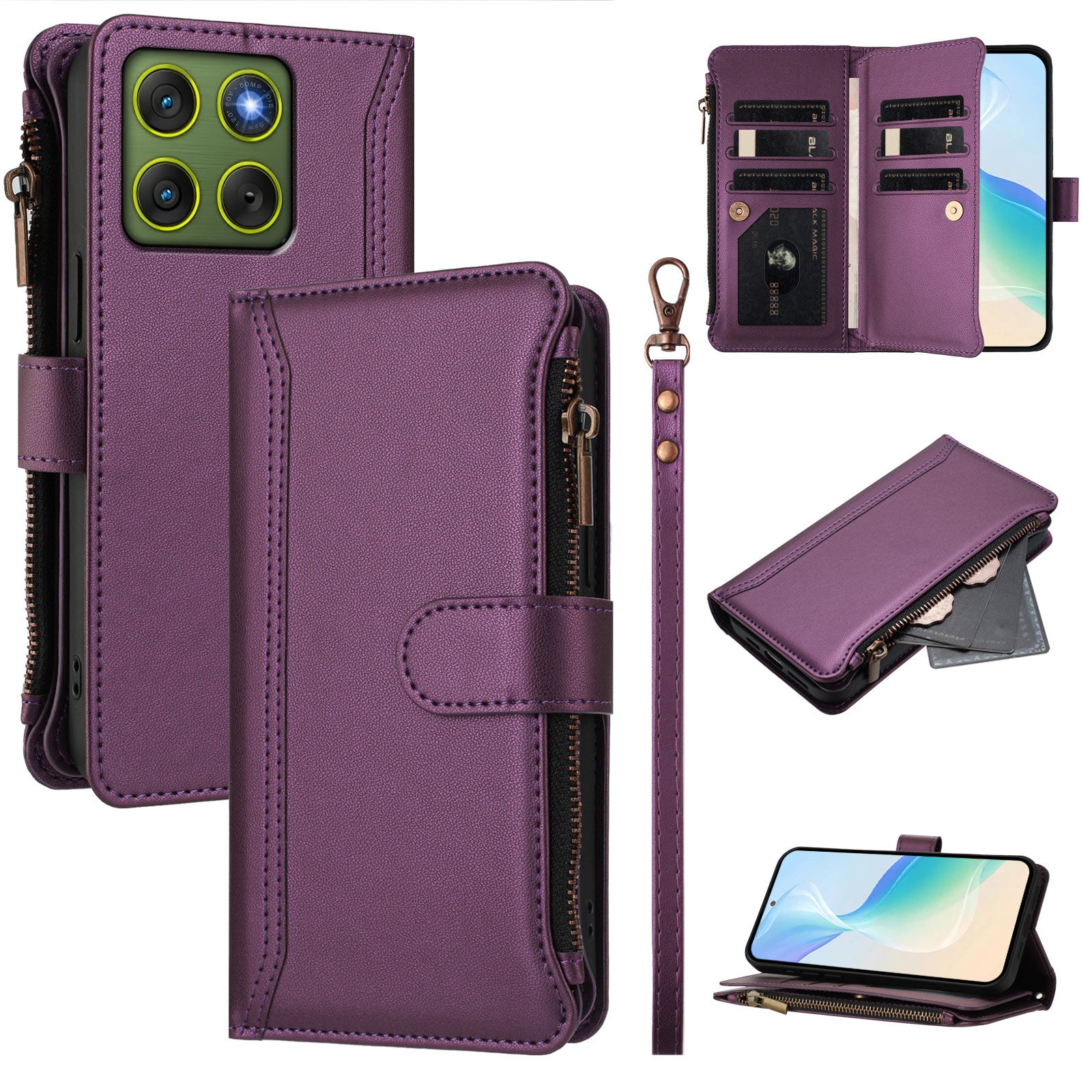 For Motorola Edge 70 5G Leather Case 9 Card Slots Zipper Wallet Stand Phone Cover with Wrist Strap - Purple