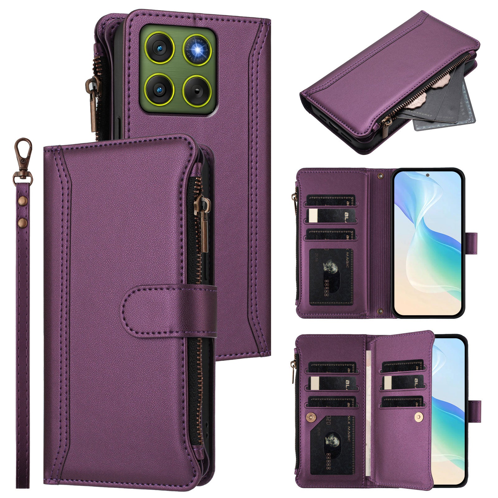 For Motorola Edge 70 5G Leather Case 9 Card Slots Zipper Wallet Stand Phone Cover with Wrist Strap - Purple