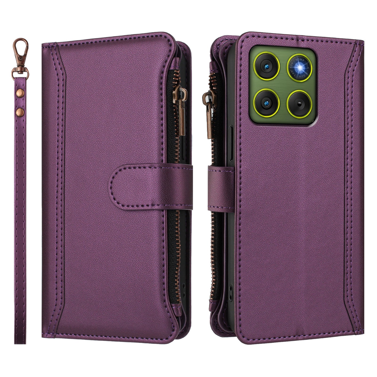 For Motorola Edge 70 5G Leather Case 9 Card Slots Zipper Wallet Stand Phone Cover with Wrist Strap - Purple