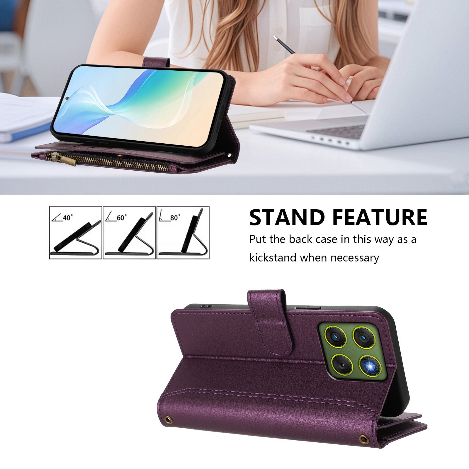 For Motorola Edge 70 5G Leather Case 9 Card Slots Zipper Wallet Stand Phone Cover with Wrist Strap - Purple
