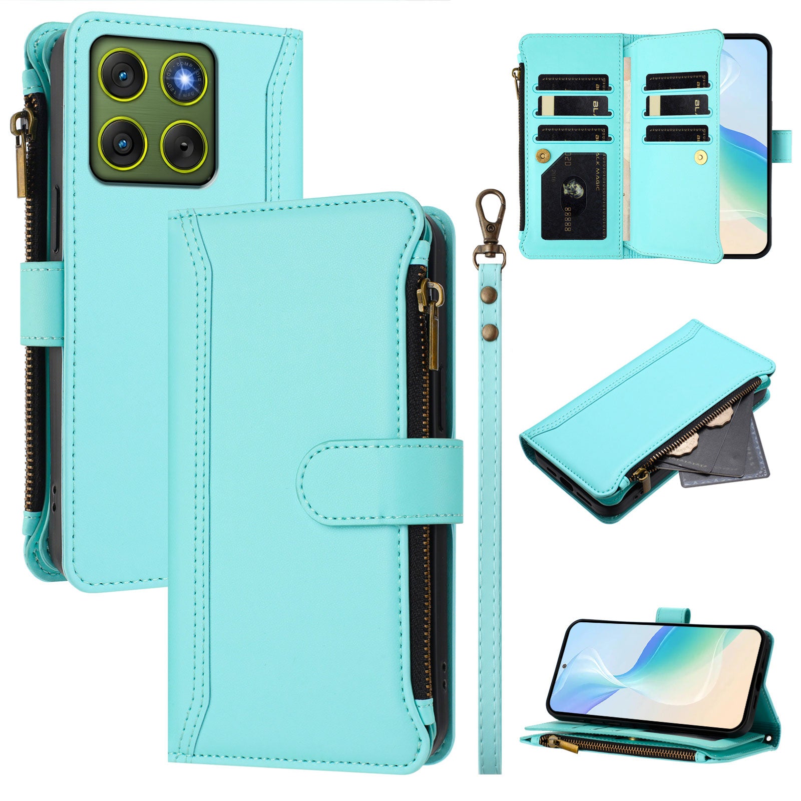 For Motorola Edge 70 5G Leather Case 9 Card Slots Zipper Wallet Stand Phone Cover with Wrist Strap - Mint Green
